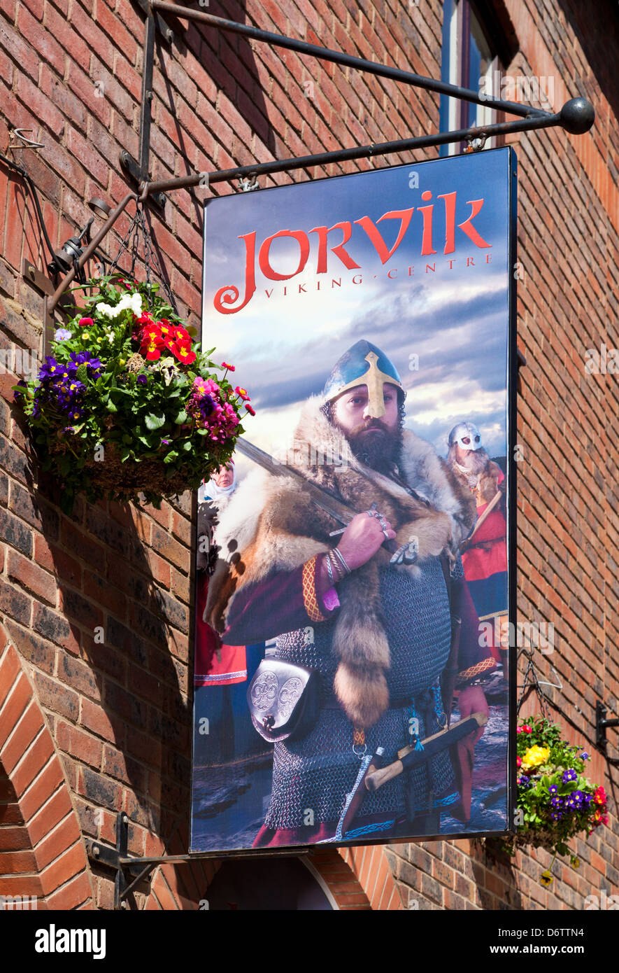 Decorated hanging sign at the York Jorvik Viking Centre entrance Coppergate City centre North Yorkshire England UK GB EU Europe Stock Photo