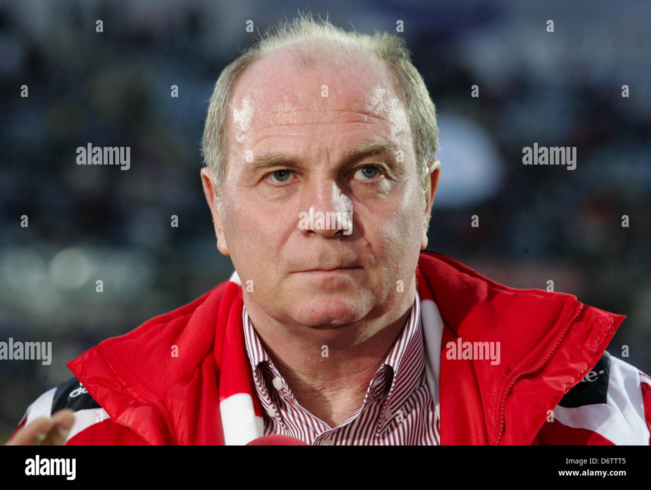 Munich's generral manager Uli Hoeness gives an interview after the UEFA Cup quarter-finals 2nd leg Getafe CF v FC Bayern Munich at Coliseum Alfonso Perez stadium in Madrid, Spain, 10 April 2008. The match ended in a 3-3 draw a.e.t. and 4-4 on aggregate with a weak Munich squad moving up to semi-finals due to having scored more away goals. Photo: Matthias Schrader Stock Photo