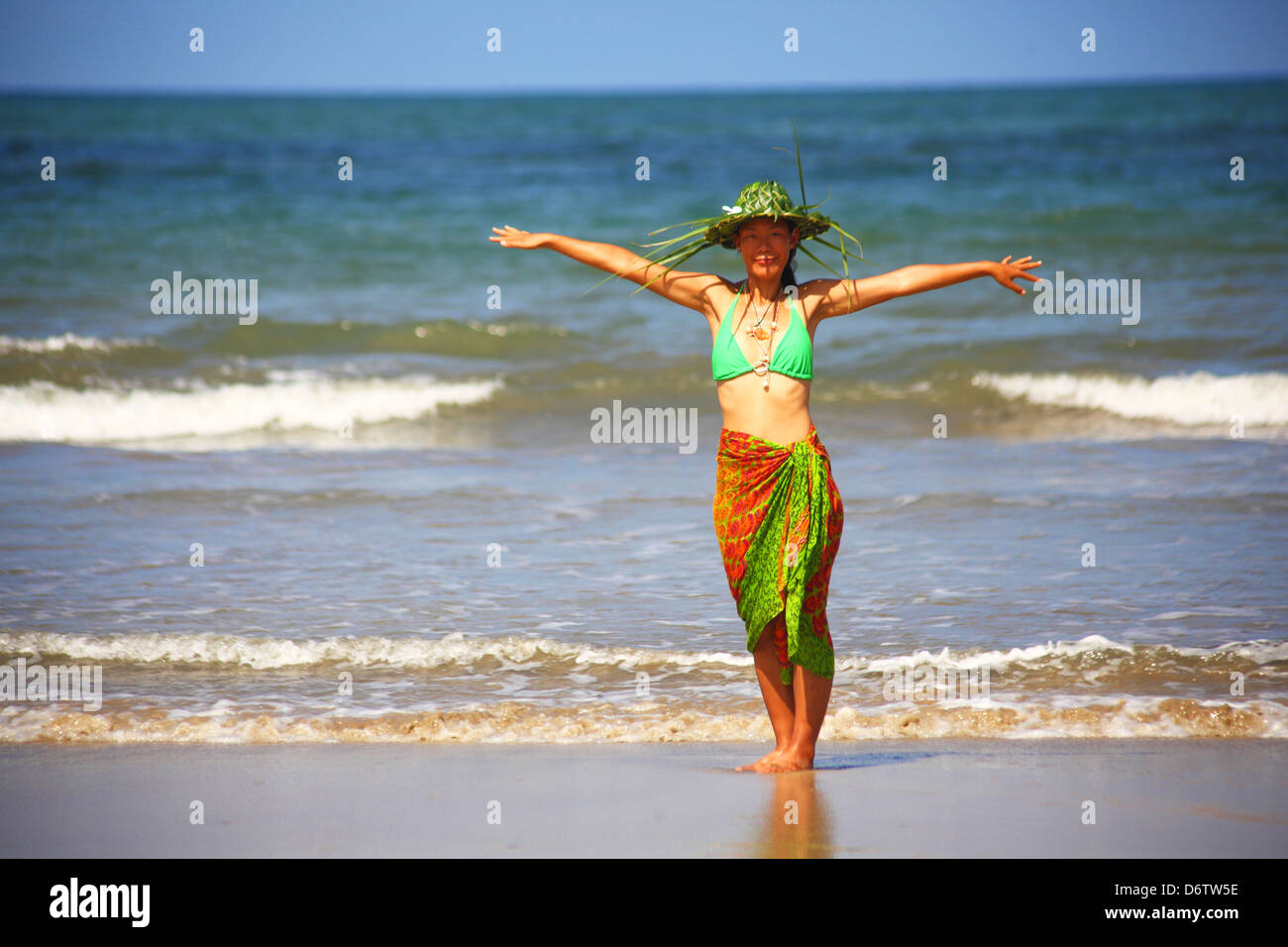 asian women at Chaunghta Beach in Myanmar Stock Photo