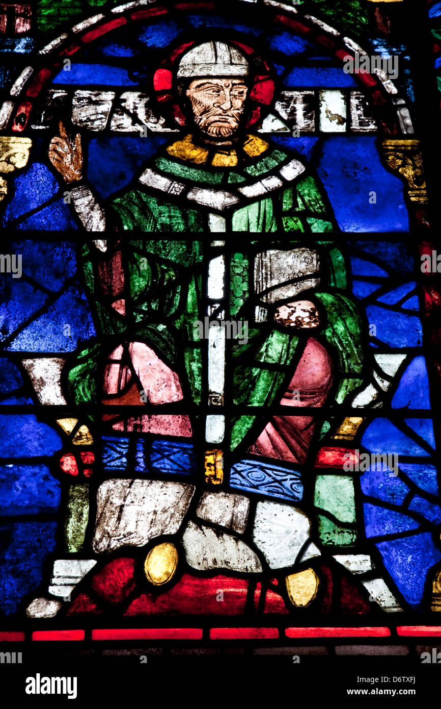 A Portrait of Thomas Becket with Green Cloak, The Becket Miracle Windows, Canterbury Cathedral, Canterbury, Kent, England Stock Photo