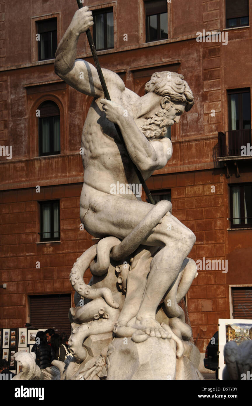 Italy. Rome. Fountain of Neptune. Neptune struggling with an octopus, by Antonio della Bitta (1807-?), 1878. Navona Square. Stock Photo