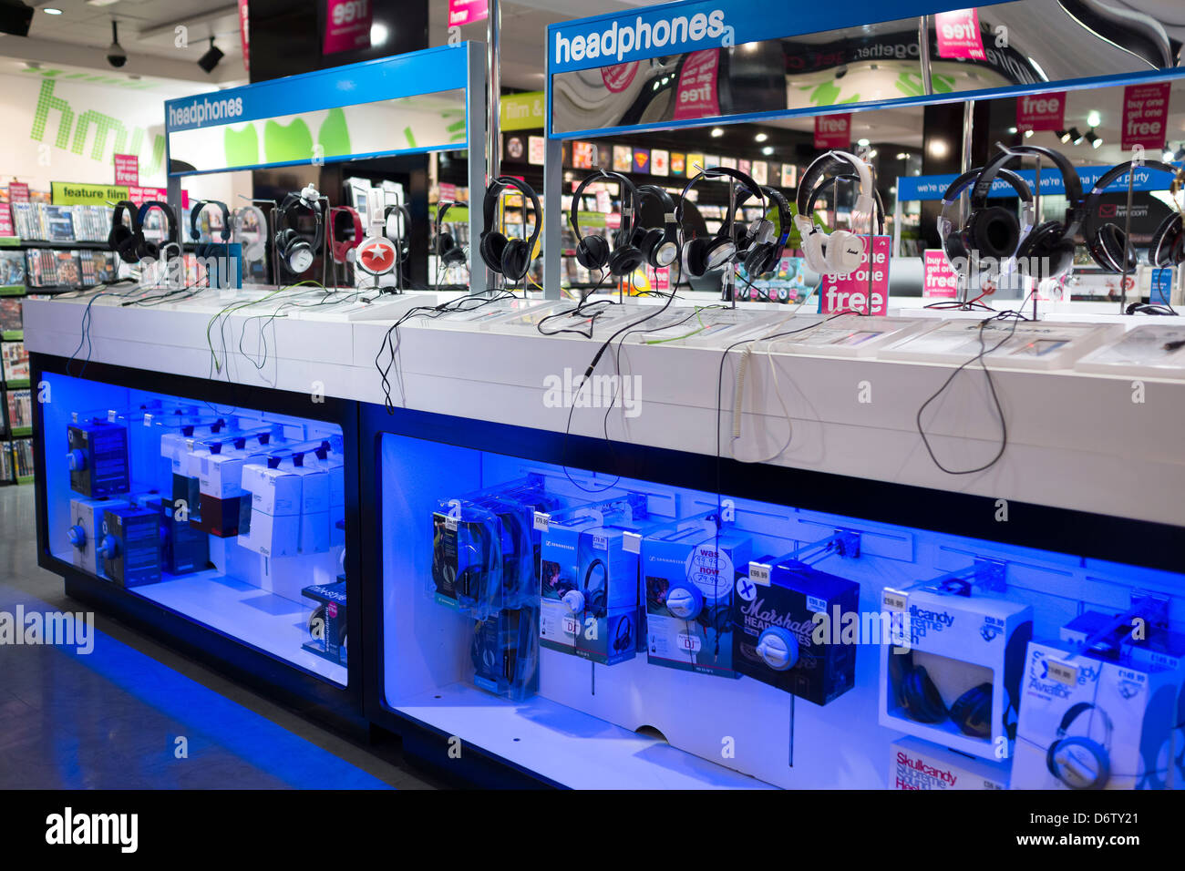 Headphones at the HMV music store in the Metrocentre. Stock Photo