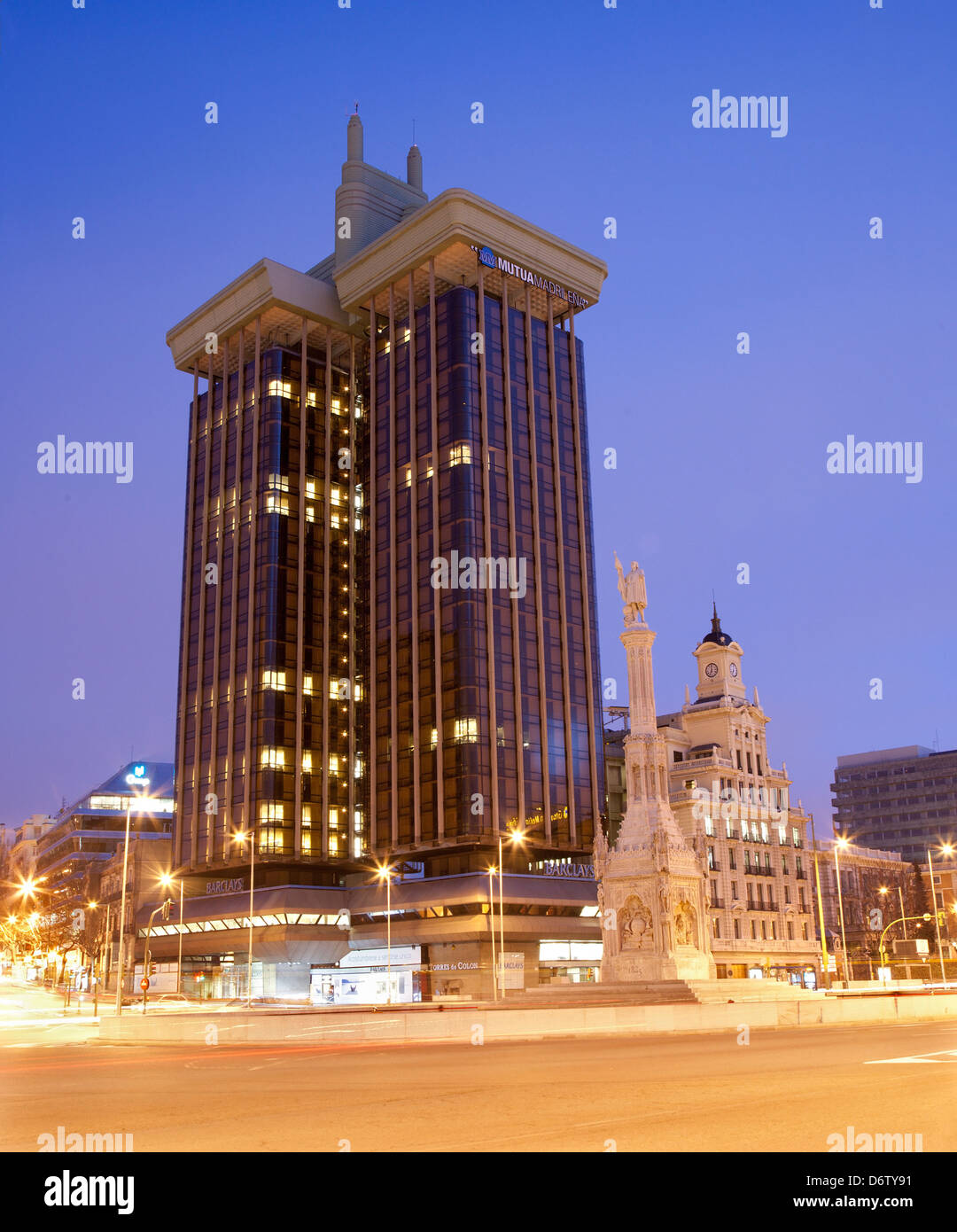 MADRID - MARCH 9: Plaza Colon in morning dusk in March 9, 2013 in Spain. Stock Photo