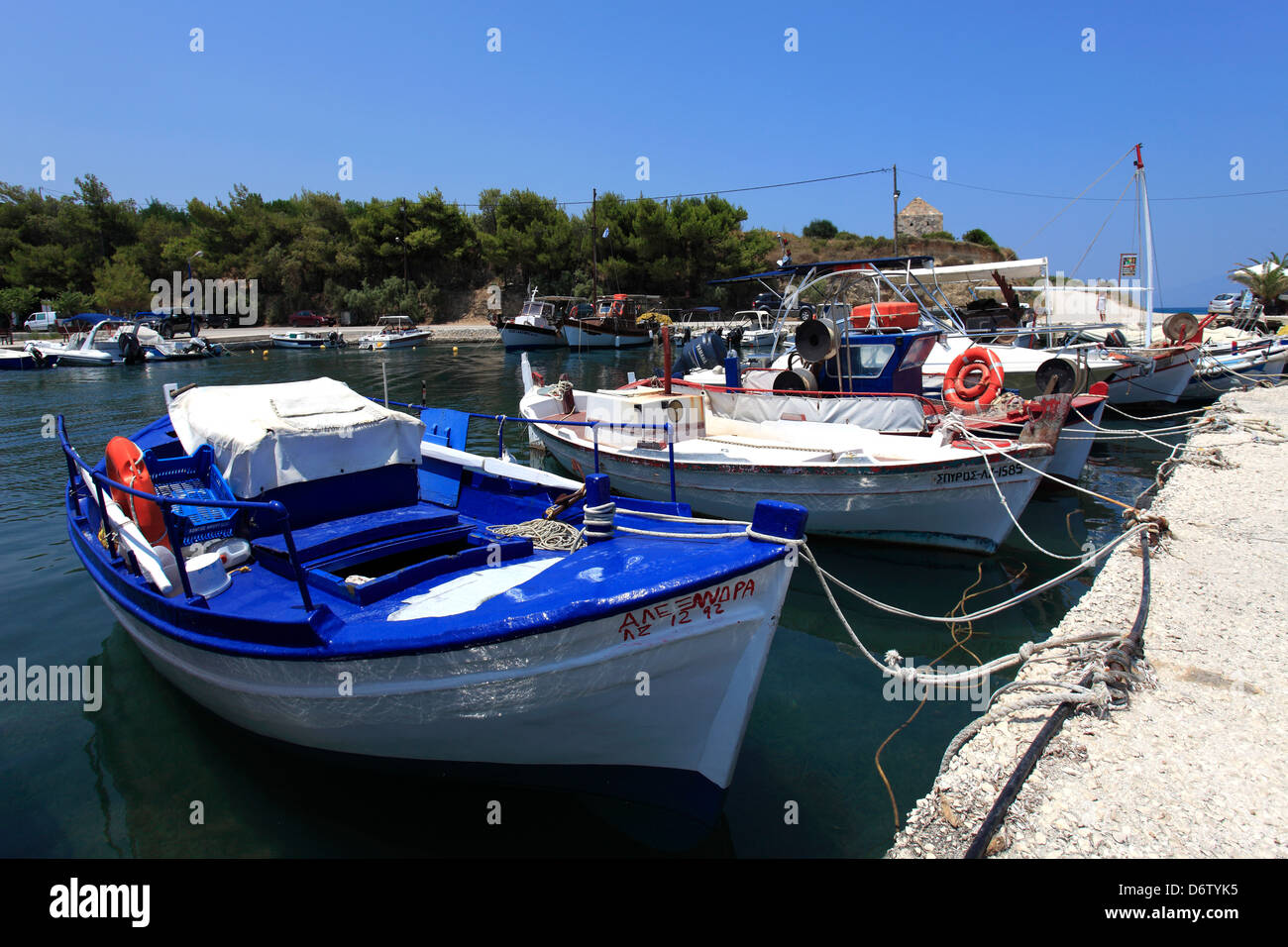 View over tourist and fishing boats in the harbour at Tsilivi resort, Zakynthos Island, Zante, Greece, Europe. Stock Photo