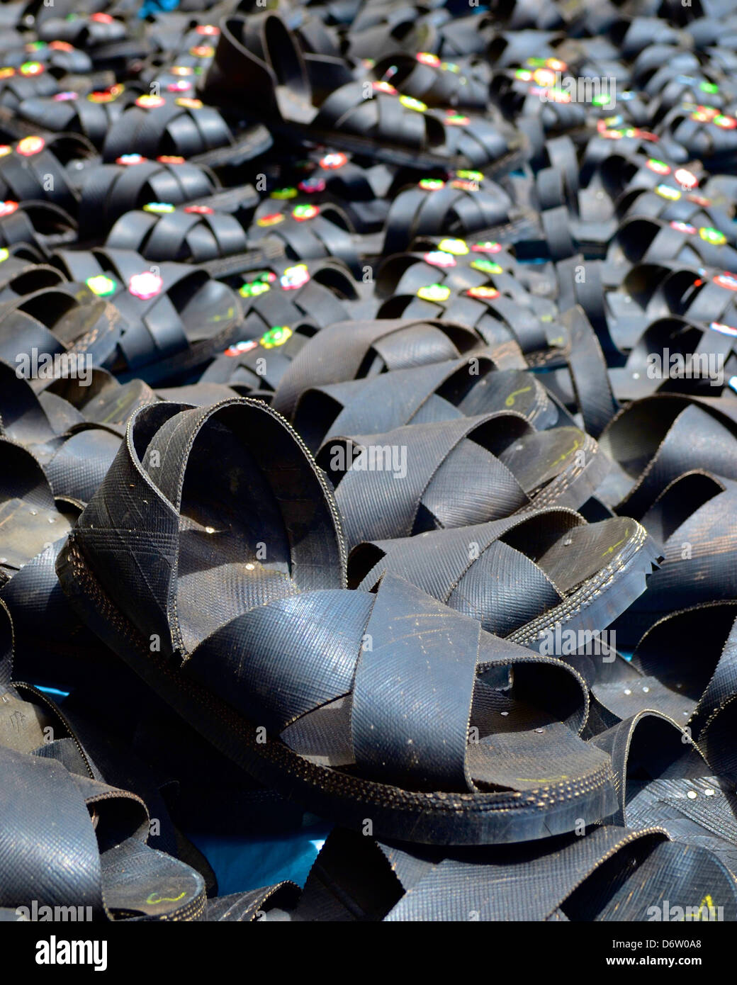 Rubber sandals, made of recycled car tires, on sale on a Peruvian market  Stock Photo - Alamy