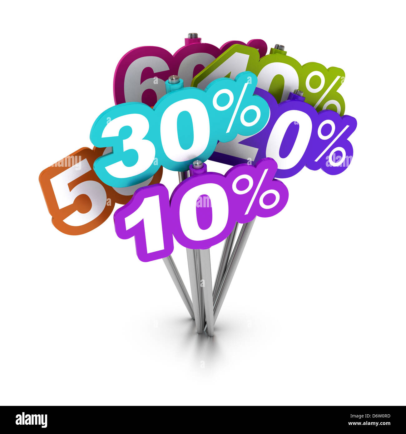 Many multicolored percent signs forming a bunch over white background Stock Photo
