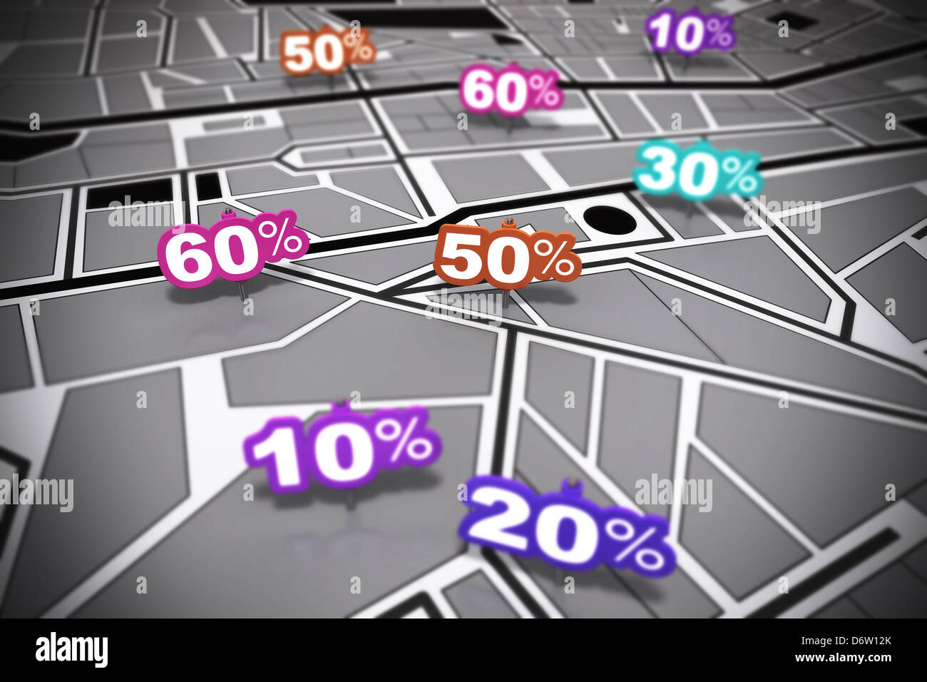 many percent signs over a grey city map with focus effect each number is pointing onto a different location Stock Photo