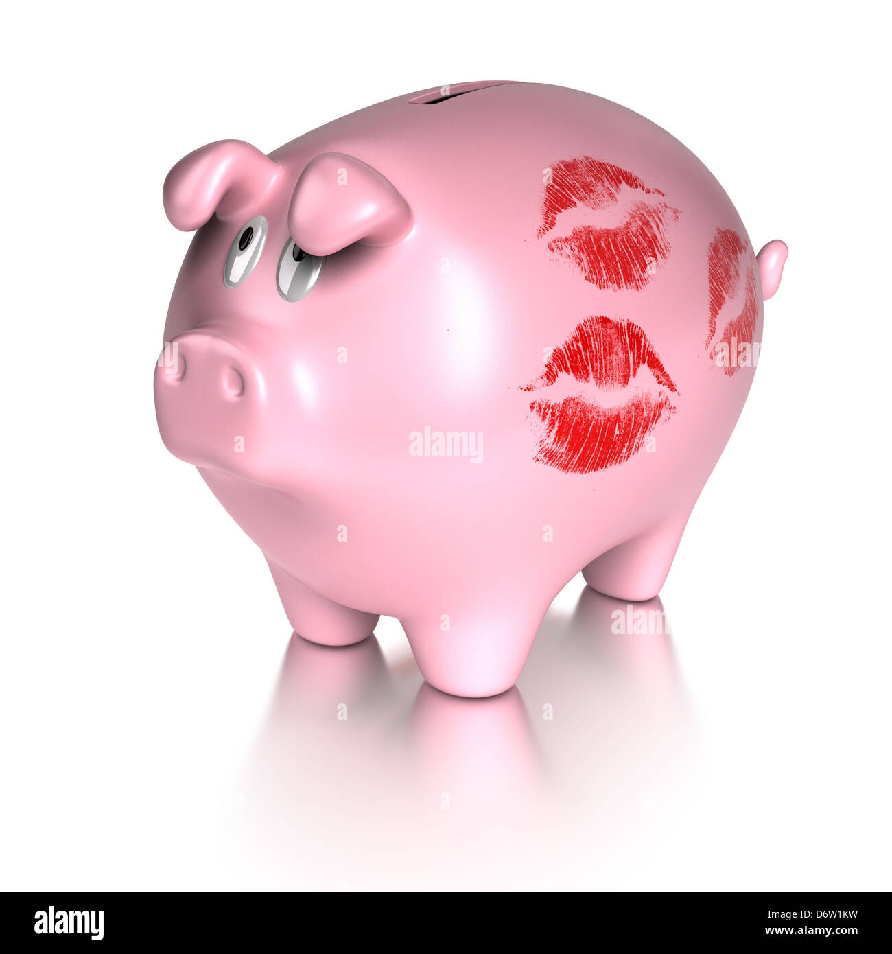 kissed piggy bank with many red lips prints concept of investment and finance. White background Stock Photo
