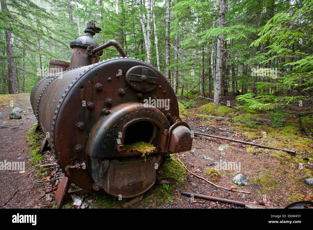Remnant of Chilkoot tramway boiler. Canyon city ghost town. Chilkoot Trail. Alaska. USA Stock Photo