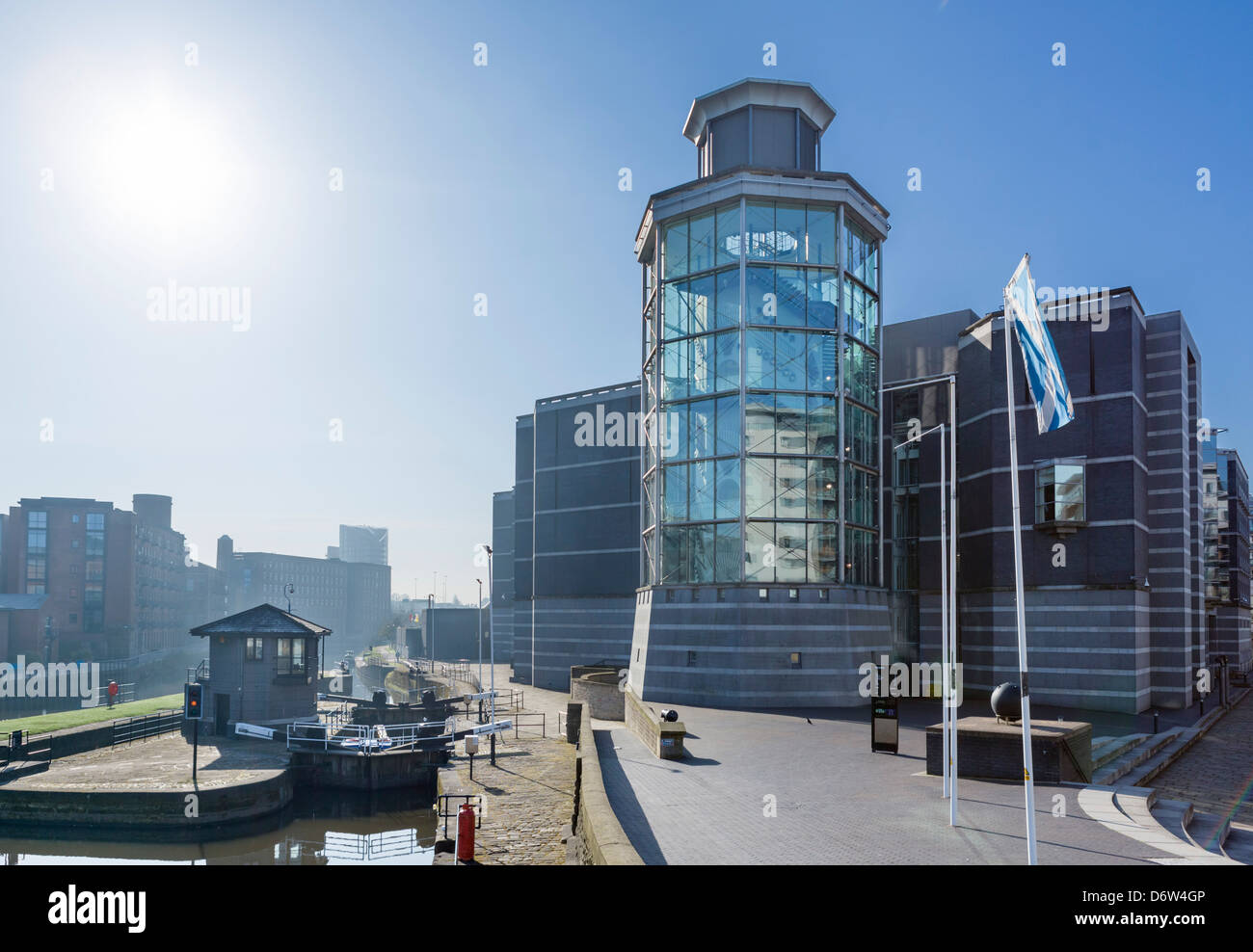 The Royal Armouries Museum and Lock Gates on the River Aire at Clarence Dock, Leeds, West Yorkshire, UK Stock Photo