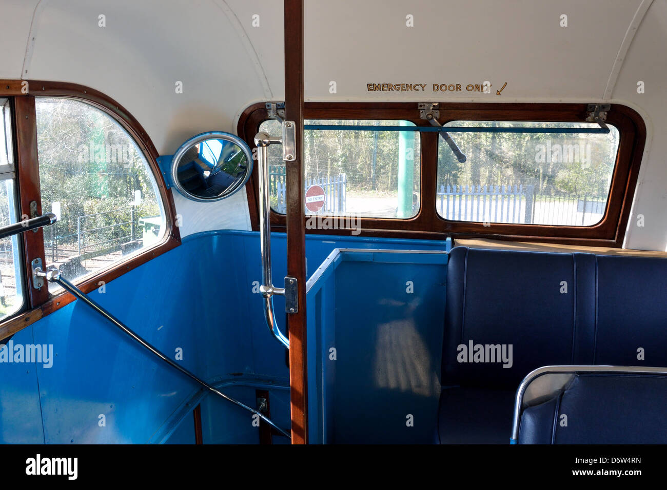 Emergency door upstairs on a 1949 Leyland PD2/1 double decker bus, East Anglia Transport Museum, Carlton Colville, Lowestoft, UK Stock Photo