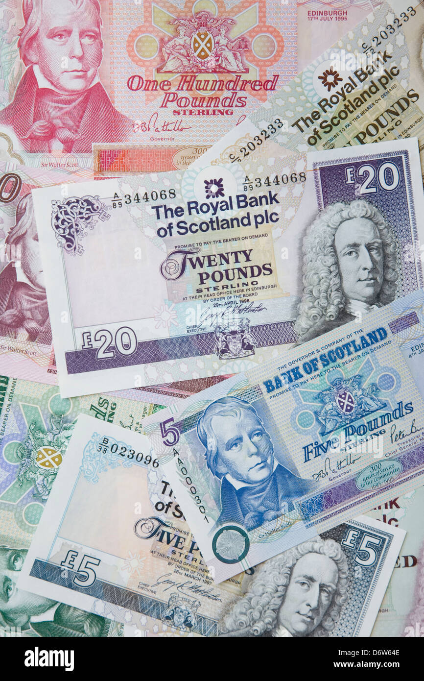 Scottish banknotes of varying denominations issued by the Bank of Scotland and Royal Bank of Scotland. Stock Photo