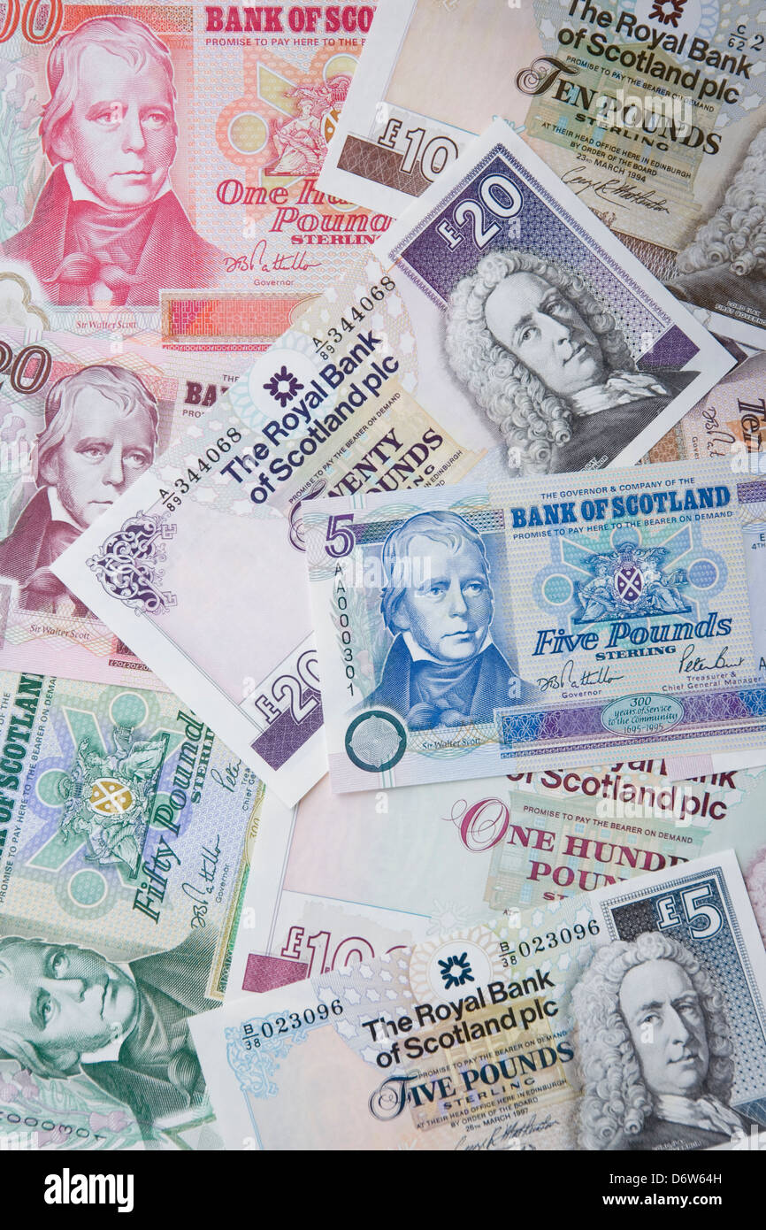 Scottish banknotes of varying denominations issued by the Bank of Scotland and Royal Bank of Scotland. Stock Photo