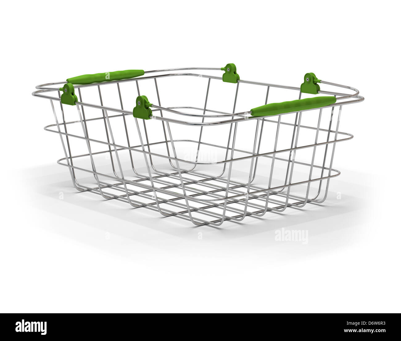 empty green metal basket, handles down, white background Stock Photo