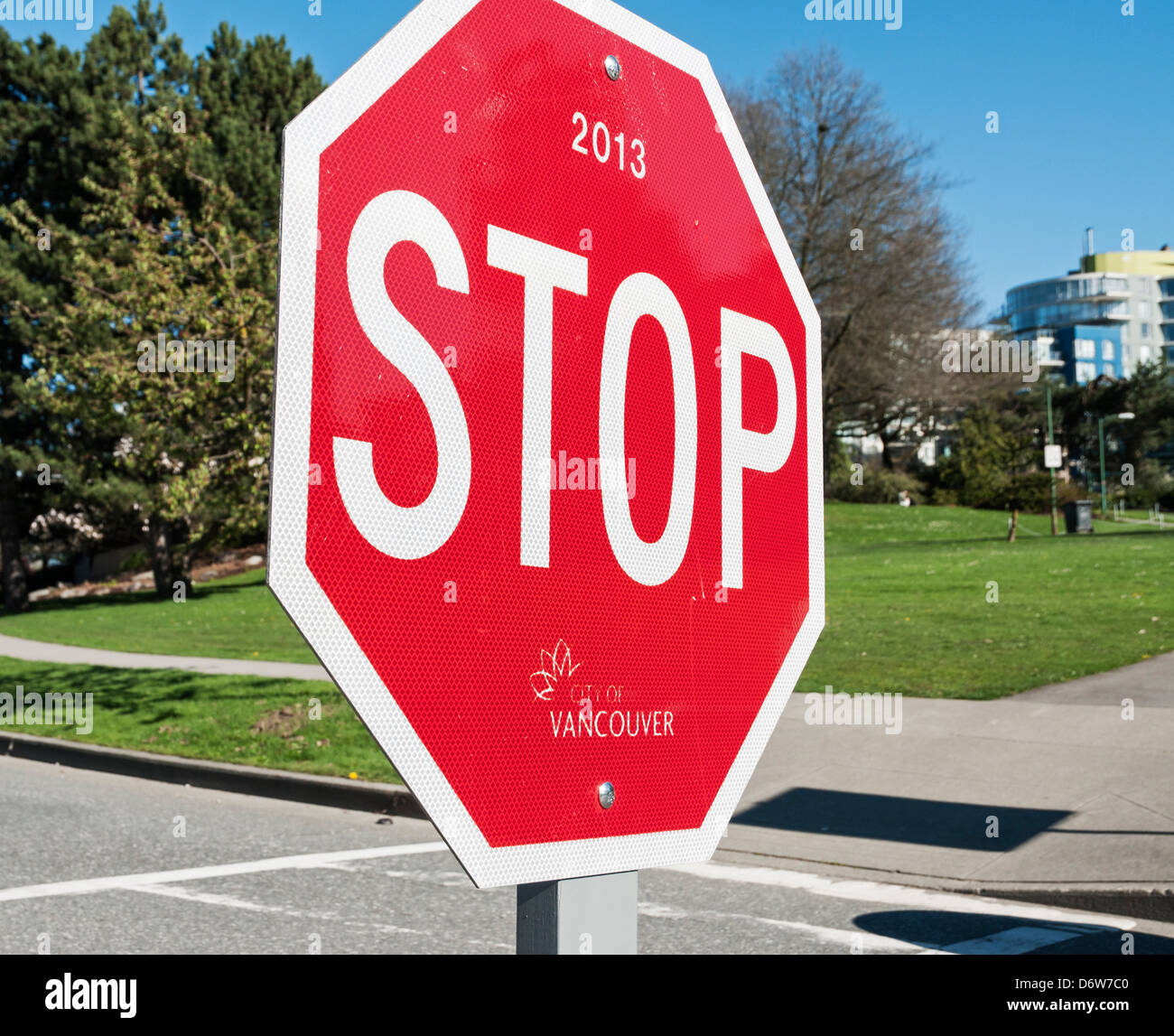 Stop sign for traffic control, Vancouver, Canada Stock Photo