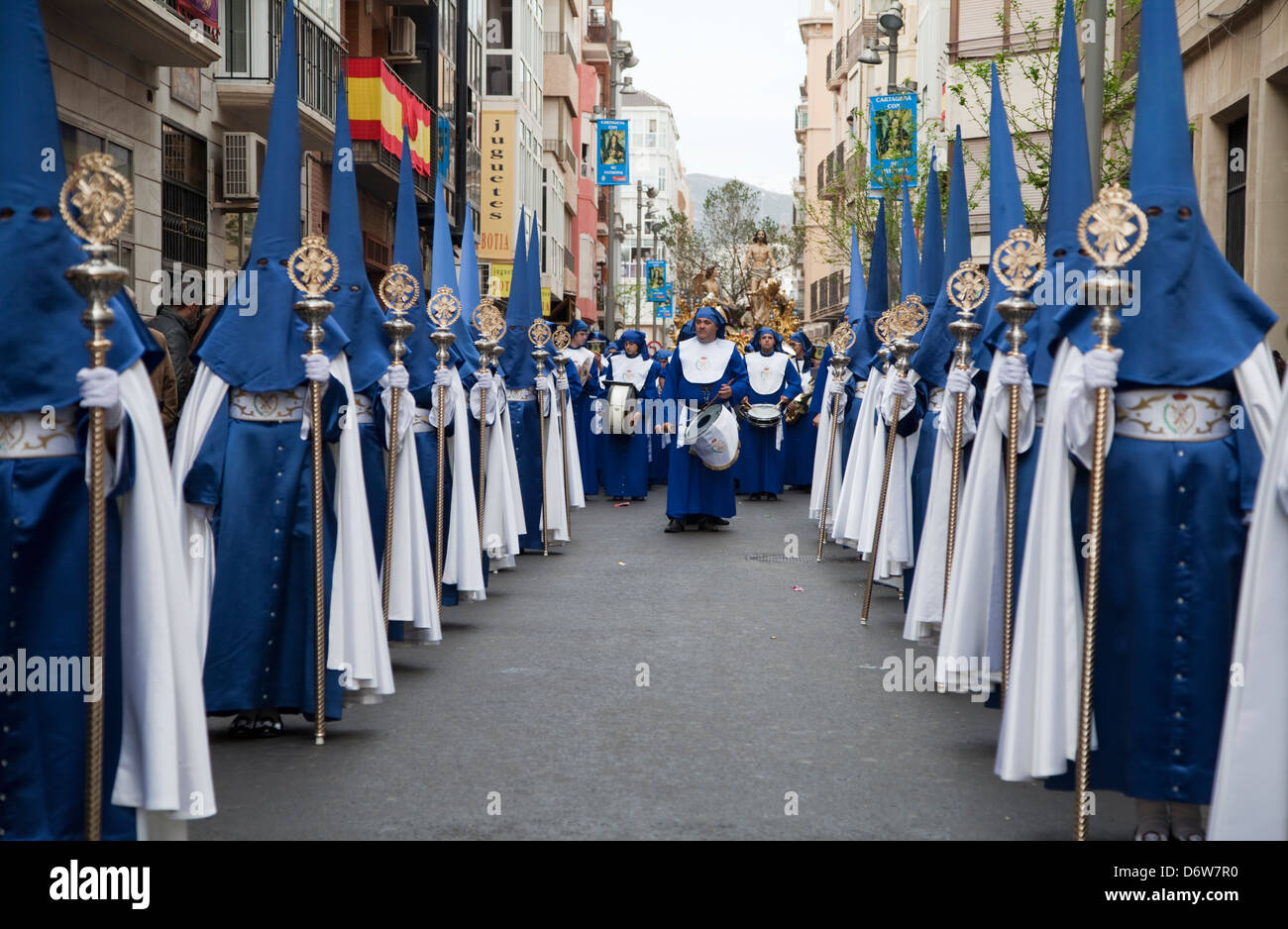 Nazarenos in procession during Semana Santa (Holy Week) in Cartagena, Spain Stock Photo