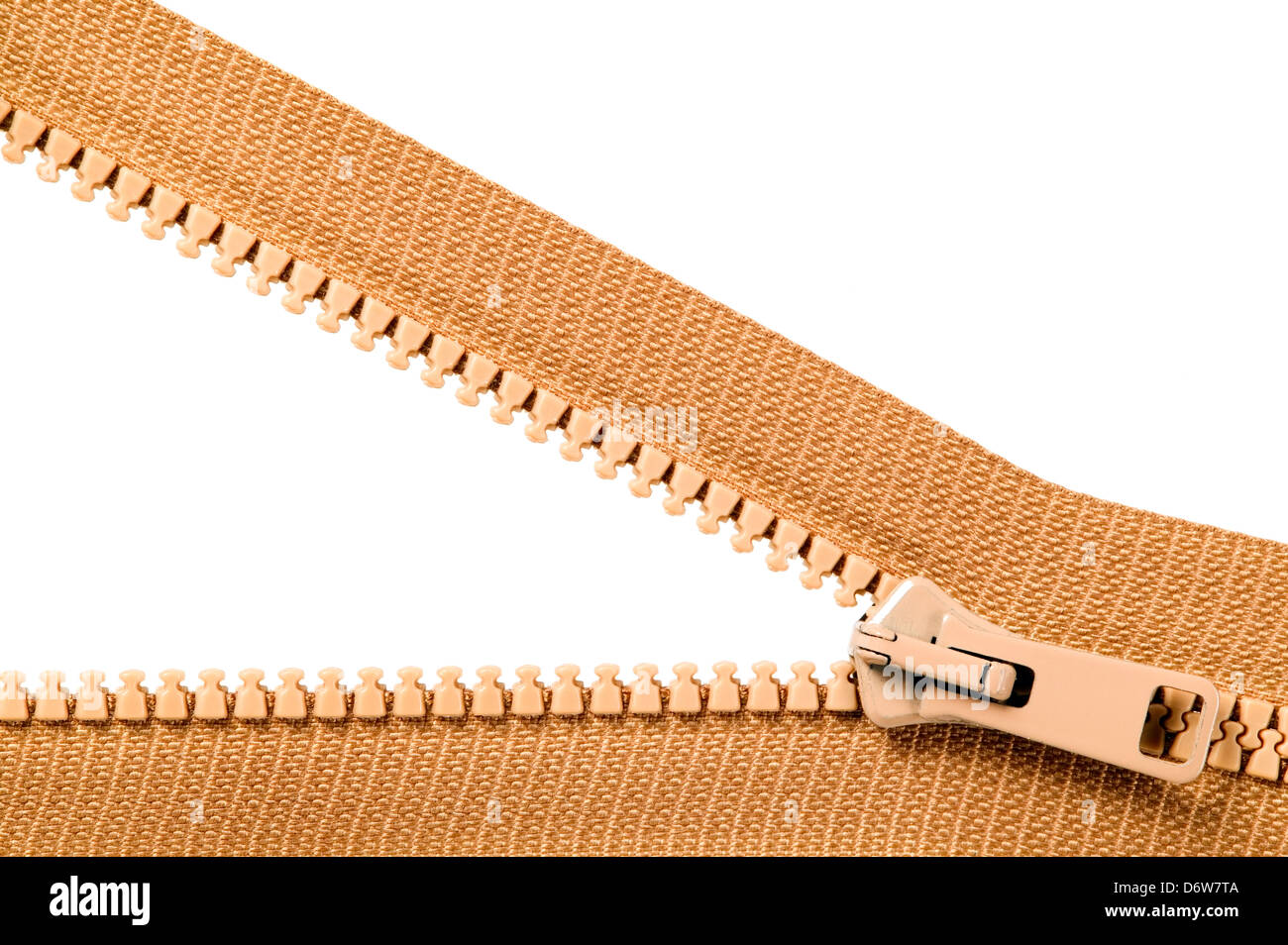 Brown zip with metal teeth, unzipped, clothing industry Stock Photo Alamy
