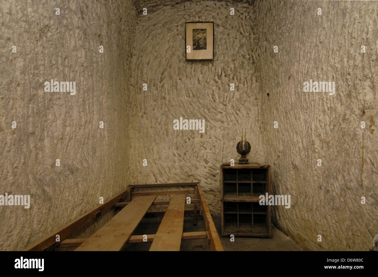 A room inside the rock-hewn air-raid shelter used during the Second World War, within the Couvre Porte, a 17th-century counterguard forming part of the fortifications of Birgu also known by its title Citta Vittoriosa  an old fortified city on the south side of the Grand Harbour in the South Eastern Region of Malta Stock Photo