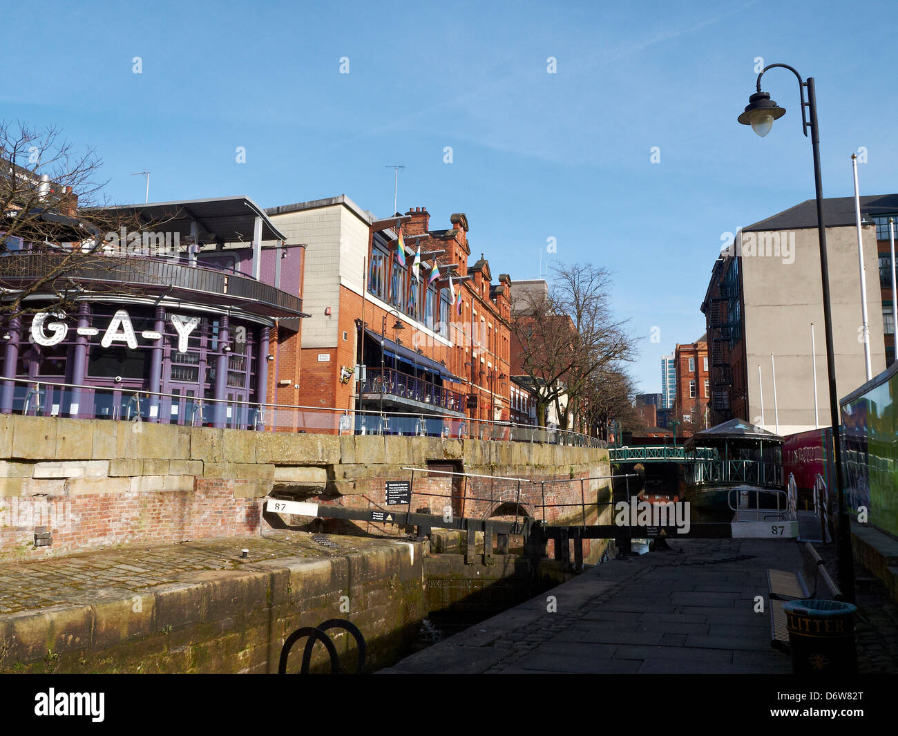 Canal Street with Rochdale canal and G-A-Y bar in Manchester UK Stock Photo