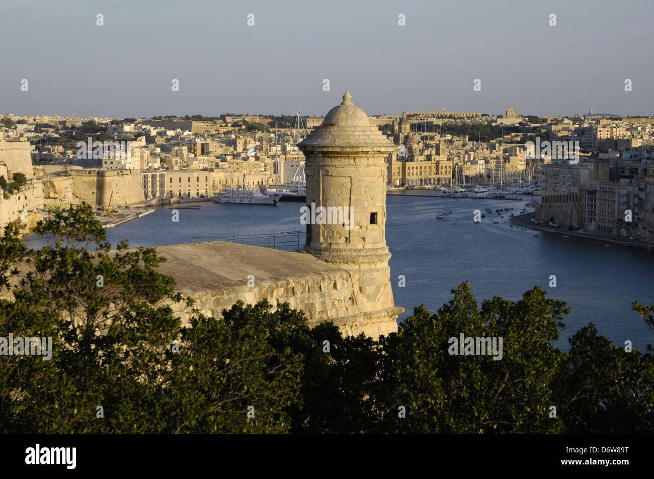 View of the Grand Harbour and the sentry post of St. Peter and St. Paul Counterguard a large two-tiered artillery platform built in 1640 in order to provide added protection to Valletta's land front. Malta island Stock Photo