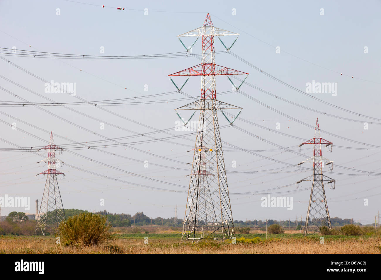 pylon of high voltage and cables, vulci, lazio, italy, europe Stock Photo