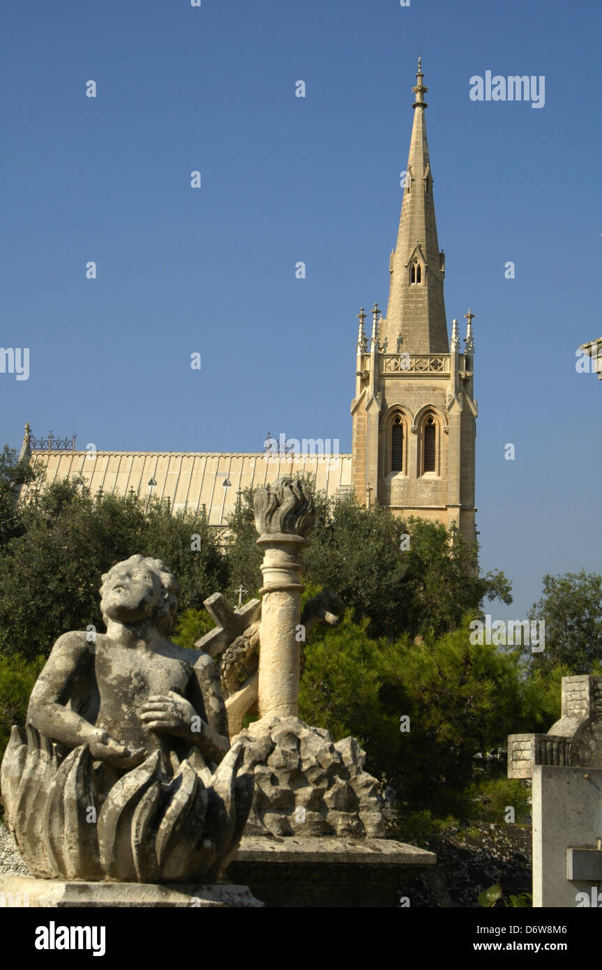Monumental tombstone at the Addolorata Cemetery and Chapel a state owned neo-gothic cemetery located in Paola a town in the South Eastern Region of Malta. Stock Photo