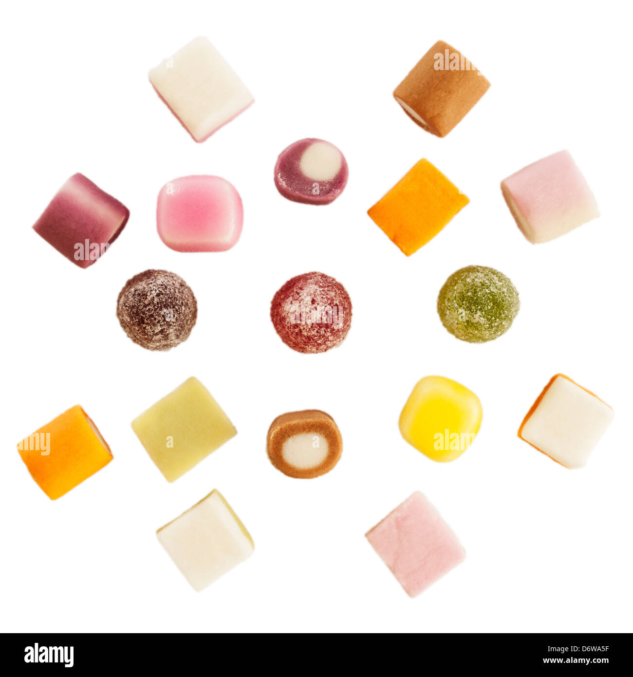 A selection of Dolly mixtures sweets candy on a white background Stock Photo