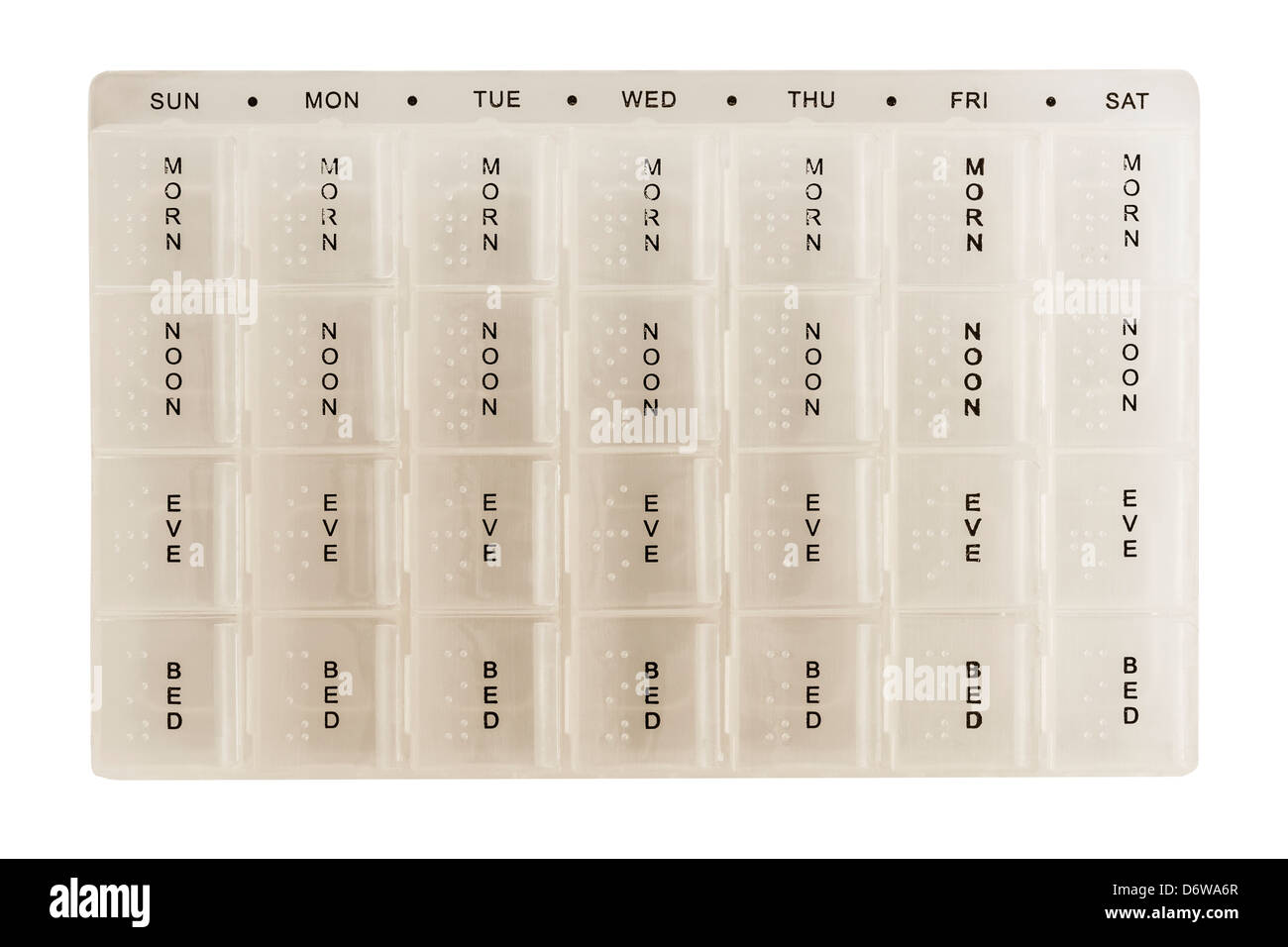 A Pill box with days of the week and times of day on a white background ...