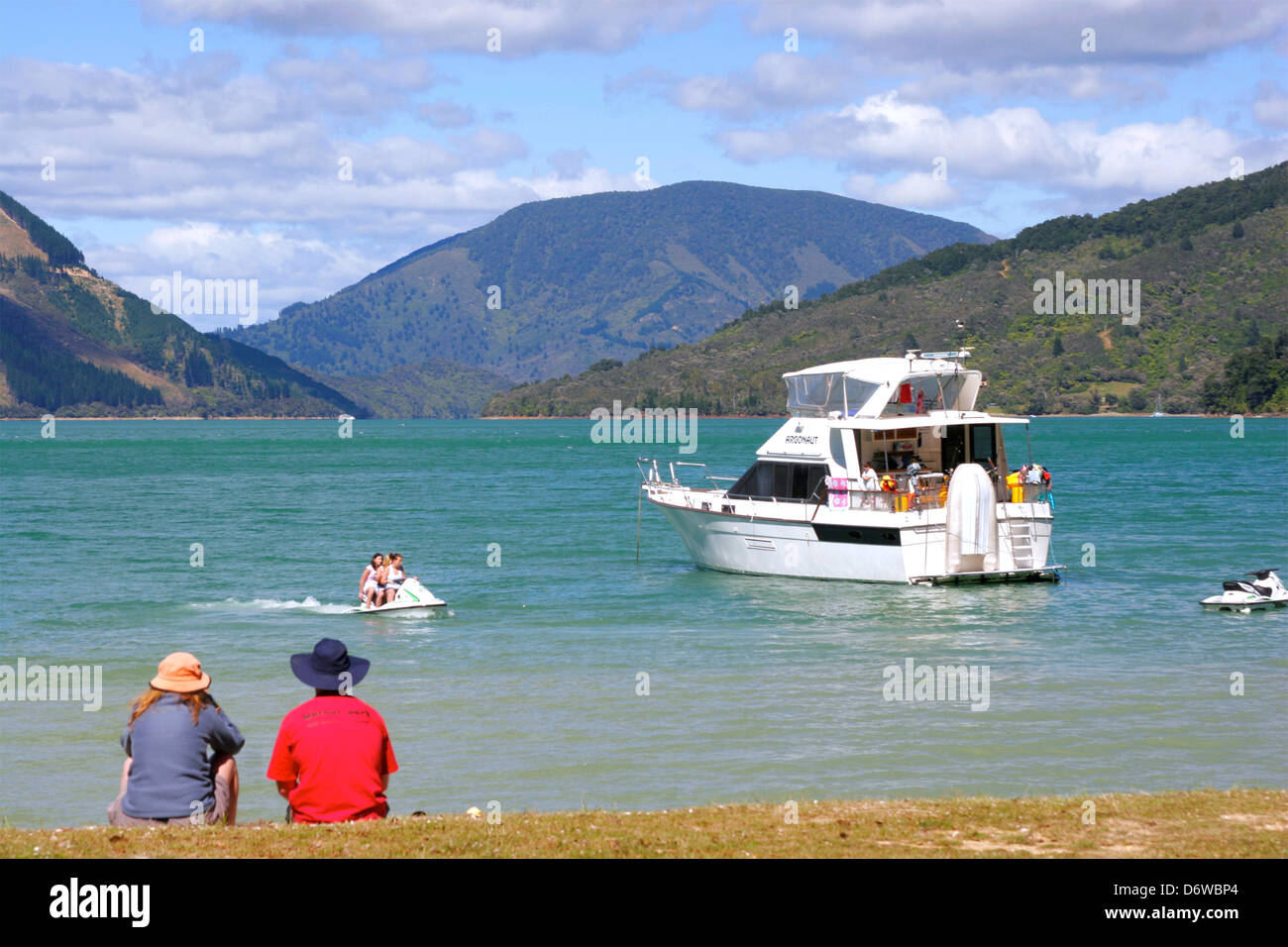 New Zealand, Saint Omer, Kenapuru Sound, Tourboat moored in bay Stock