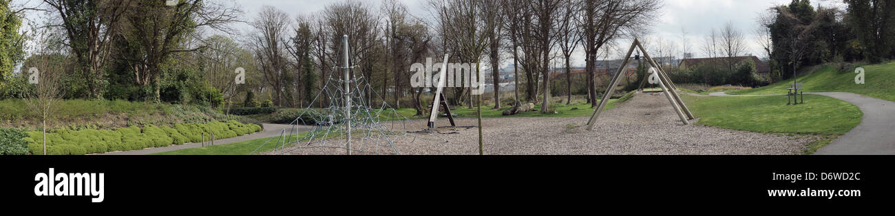 park wire swing climbing frame zip wire trees path Stock Photo