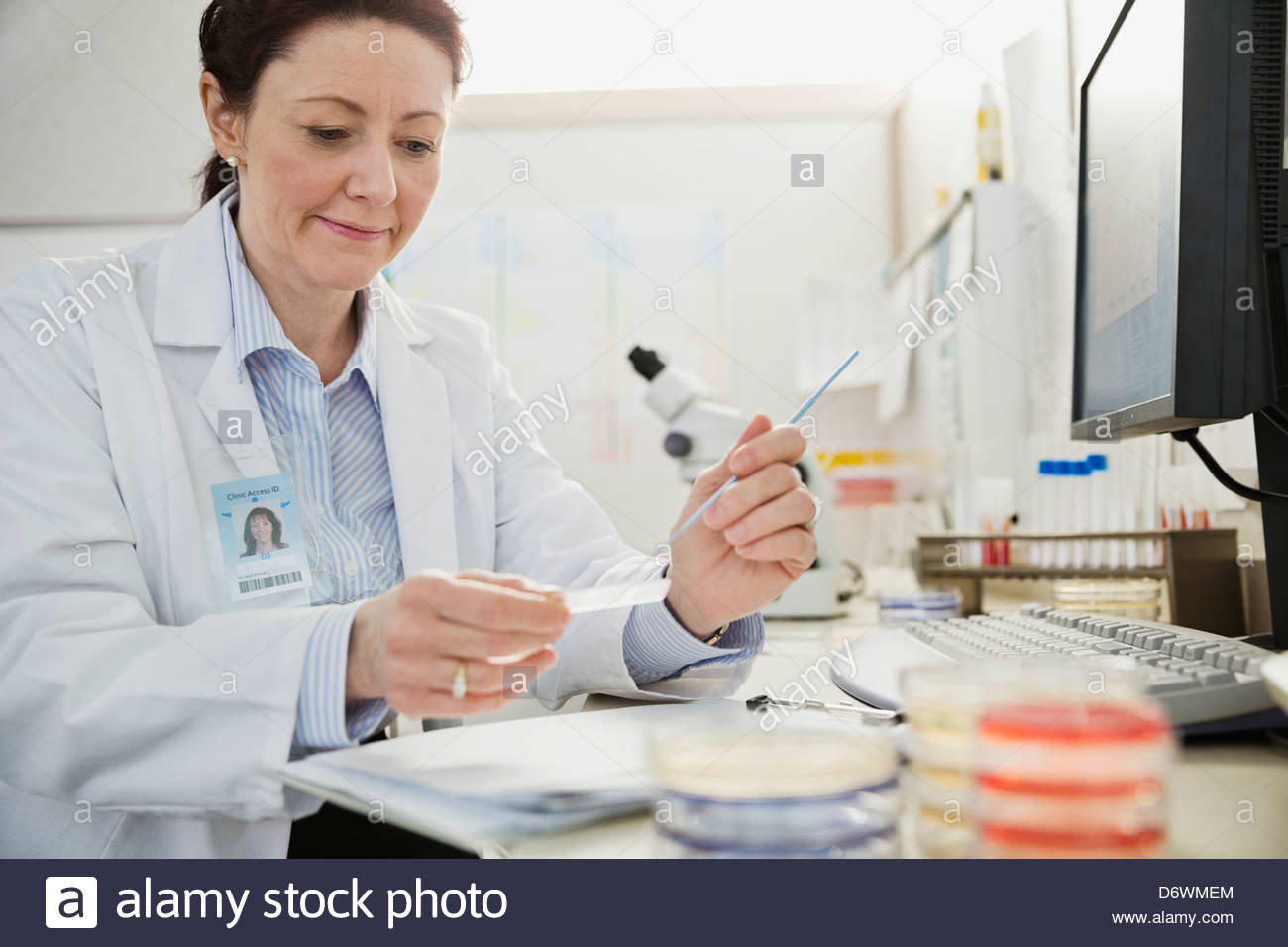Mature female medical technician prepping specimen slide in laboratory