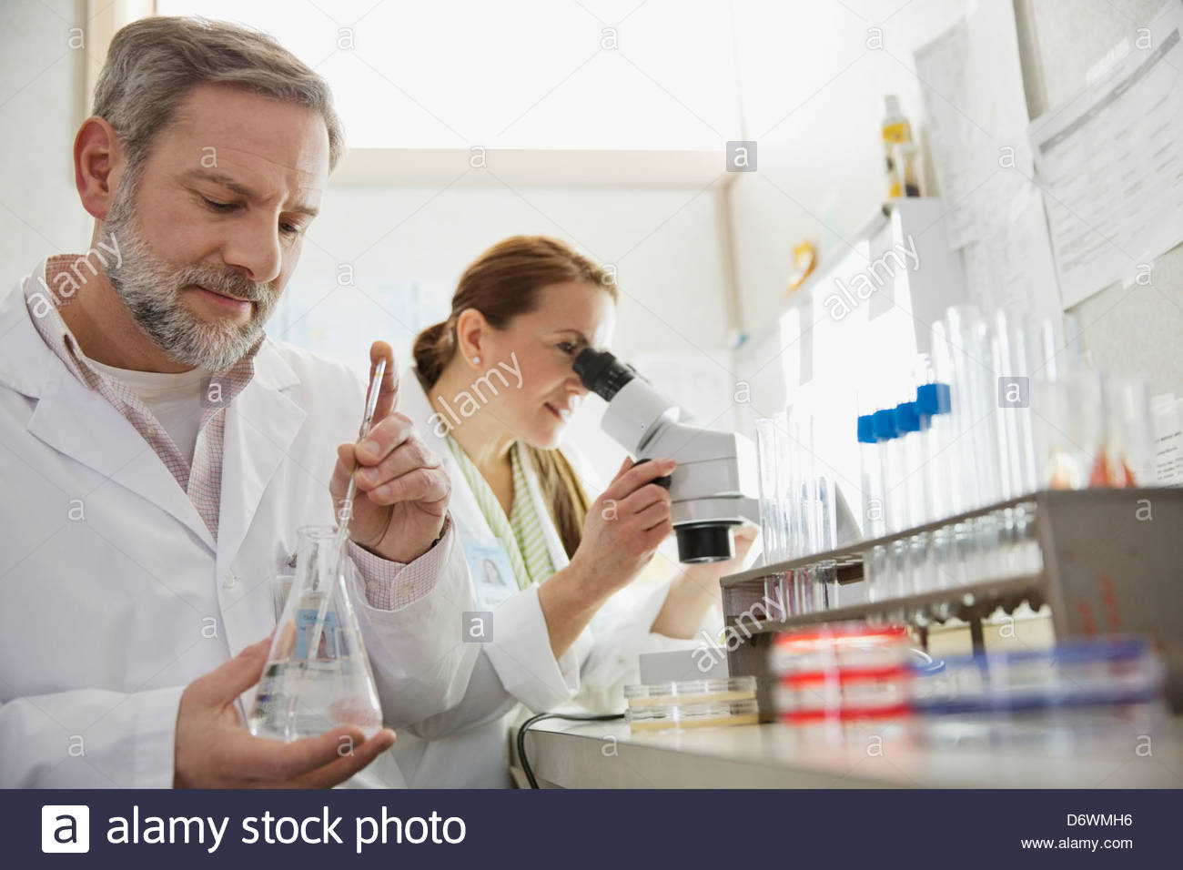Male technologist testing sample with female colleague using microscope ...