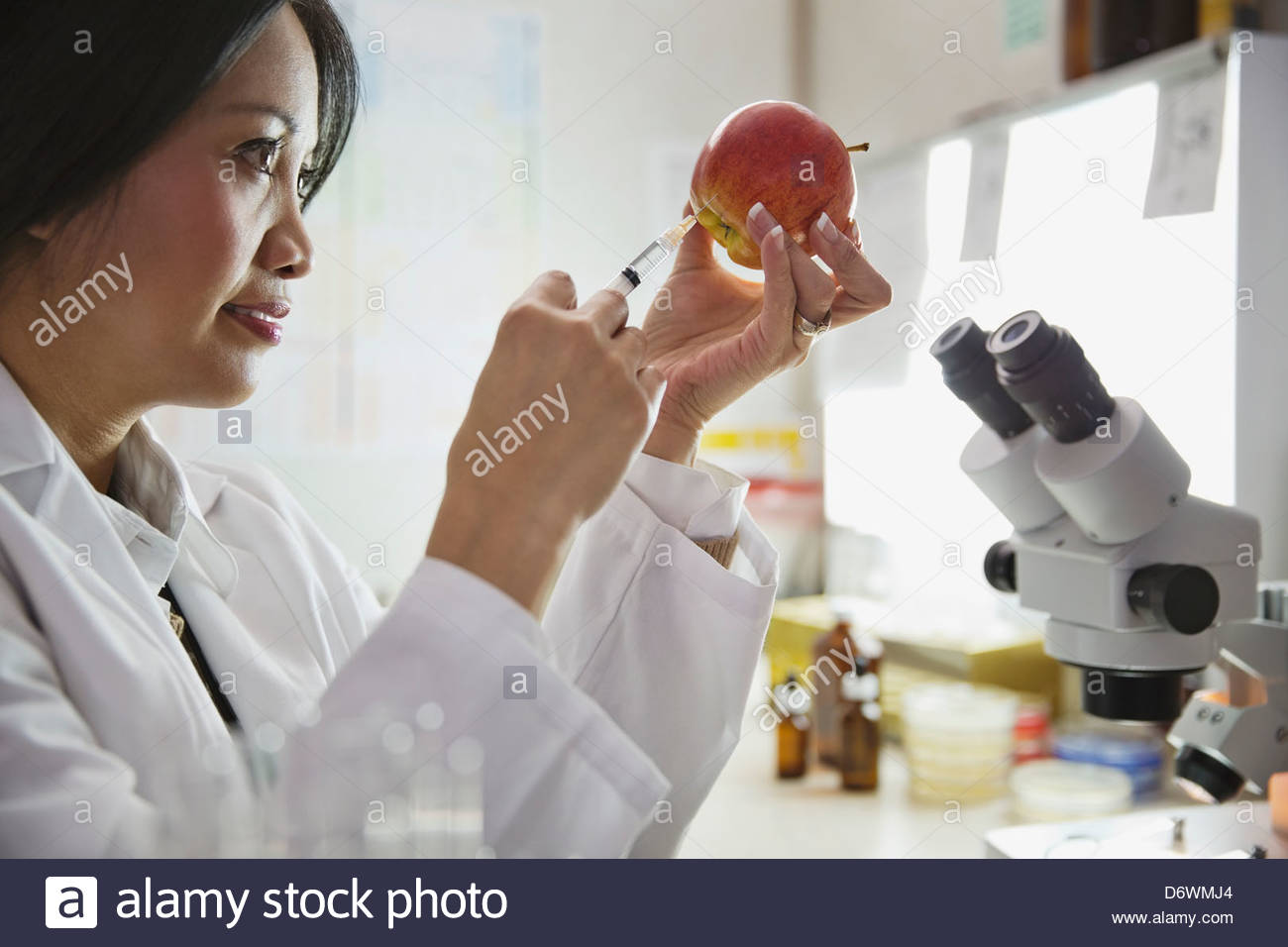 Female scientist injecting liquid into an apple in laboratory Stock Photo