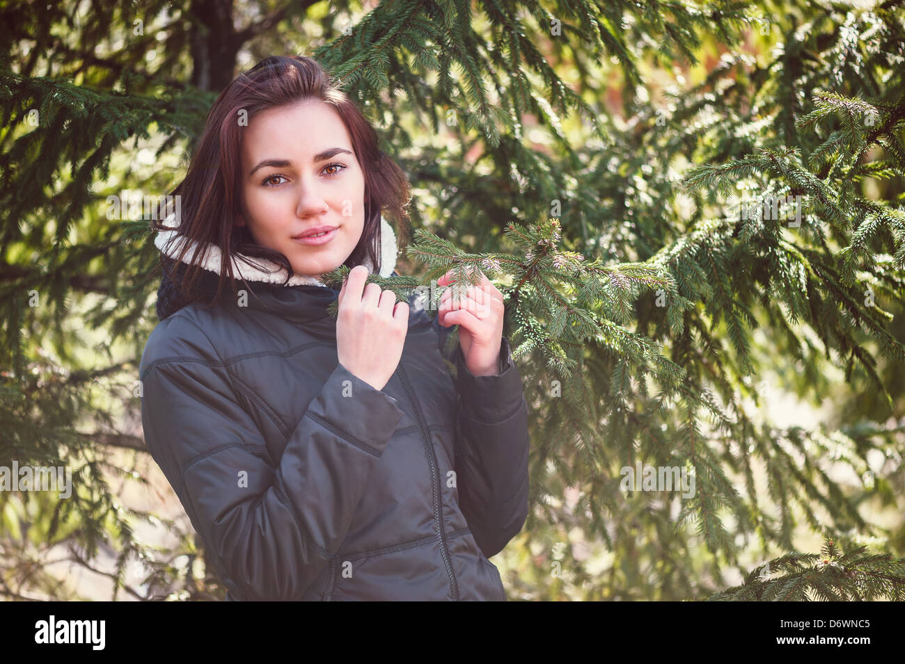 Young girl standing near spruce branches in sunny day Stock Photo