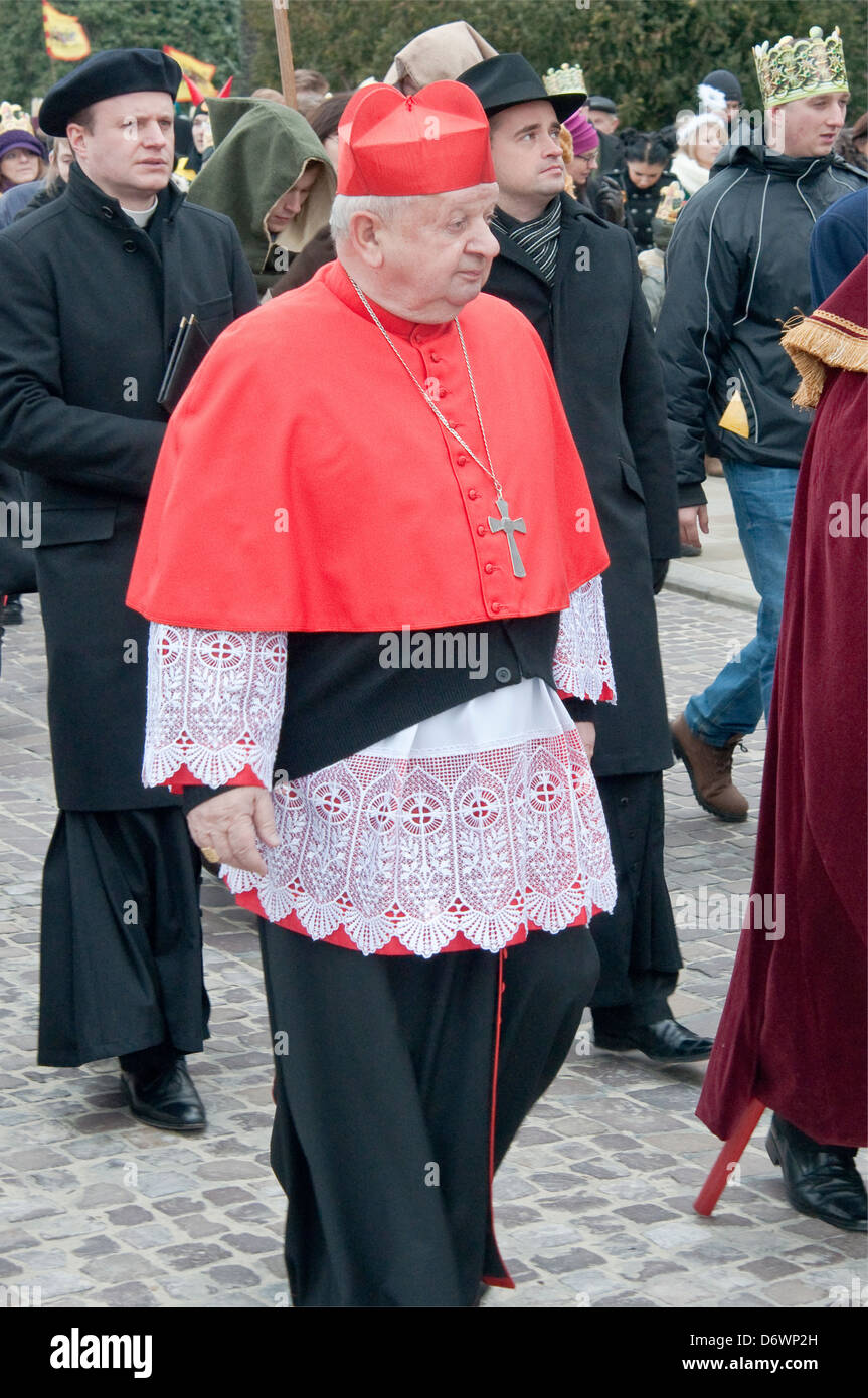 Cardinal Stanislaw Dziwisz at Cavalcade of Magi, Epiphany Holiday procession, Krakow, Poland Stock Photo