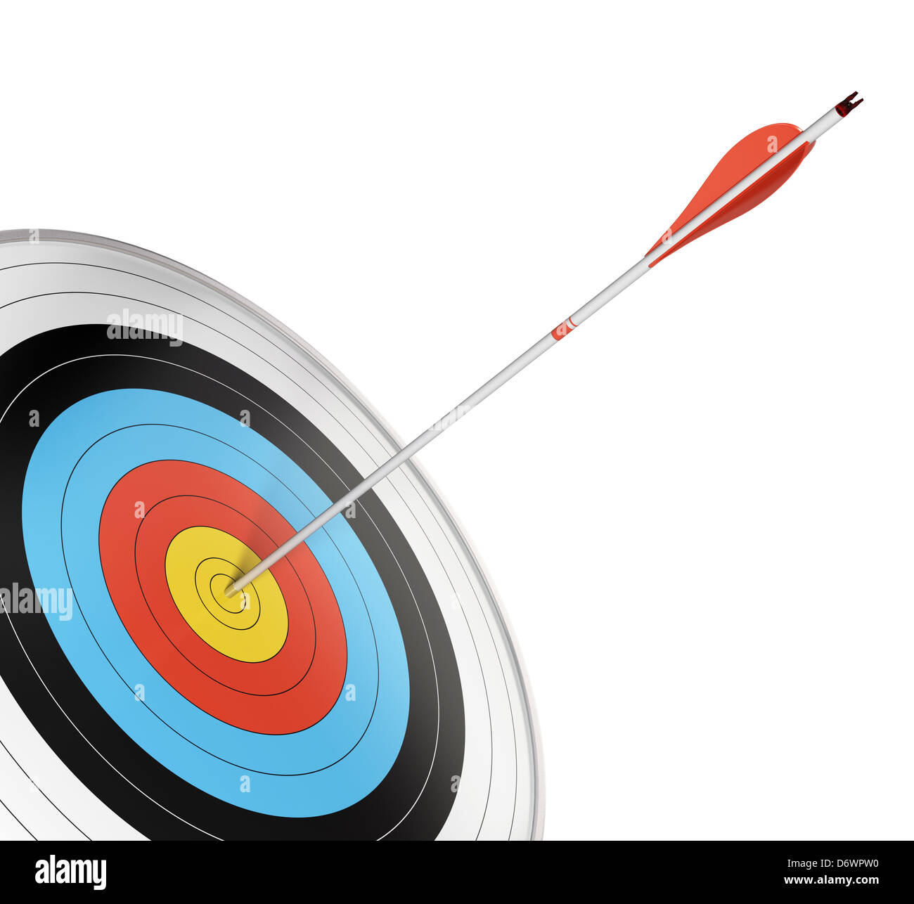 competition target with a red arrow hitting the center. Angle of page, 3d render isolated over white background. Stock Photo