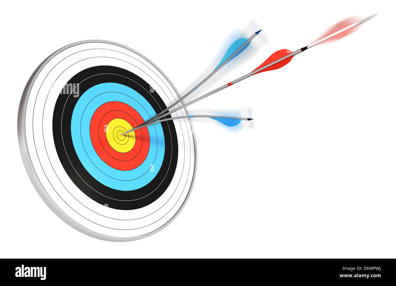 one blue arrow splitted with a red arrow hitting the center of a target, 3d render over white background Stock Photo