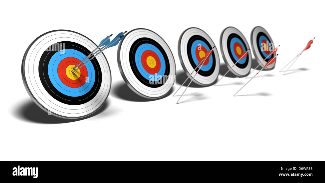 three blue arrows hitting the center or one target red arrows failed to reach their objective Stock Photo