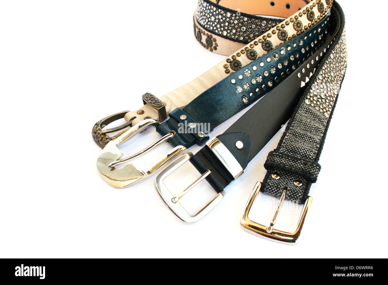 Fashionable belts isolated on white background. Stock Photo