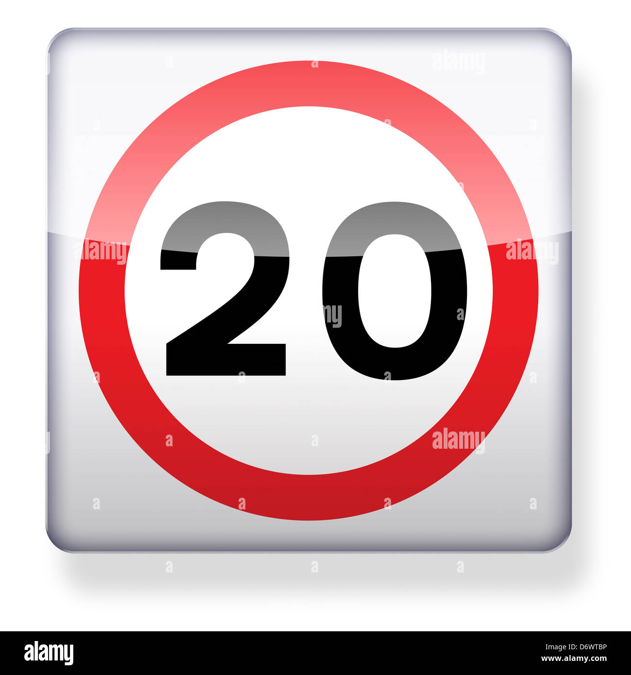 20 mph speed limit road sign as an app icon. Clipping path included. Stock Photo
