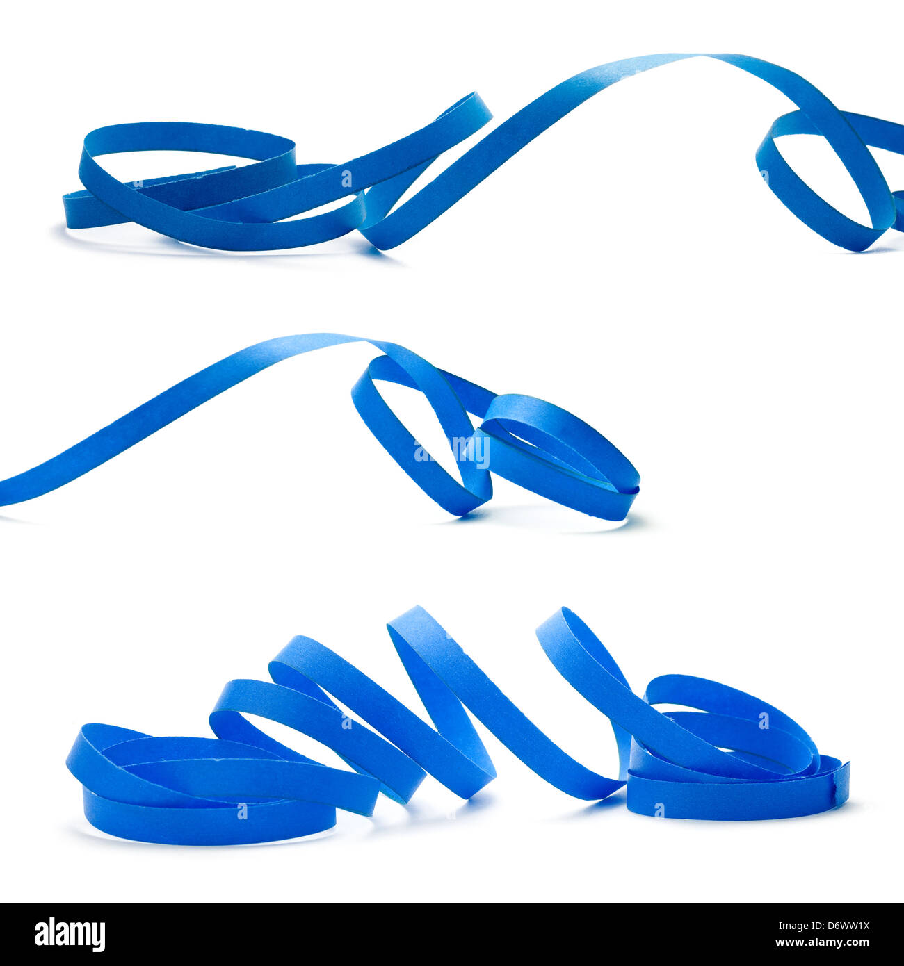 Blue streamer over white background, set of three pictures of