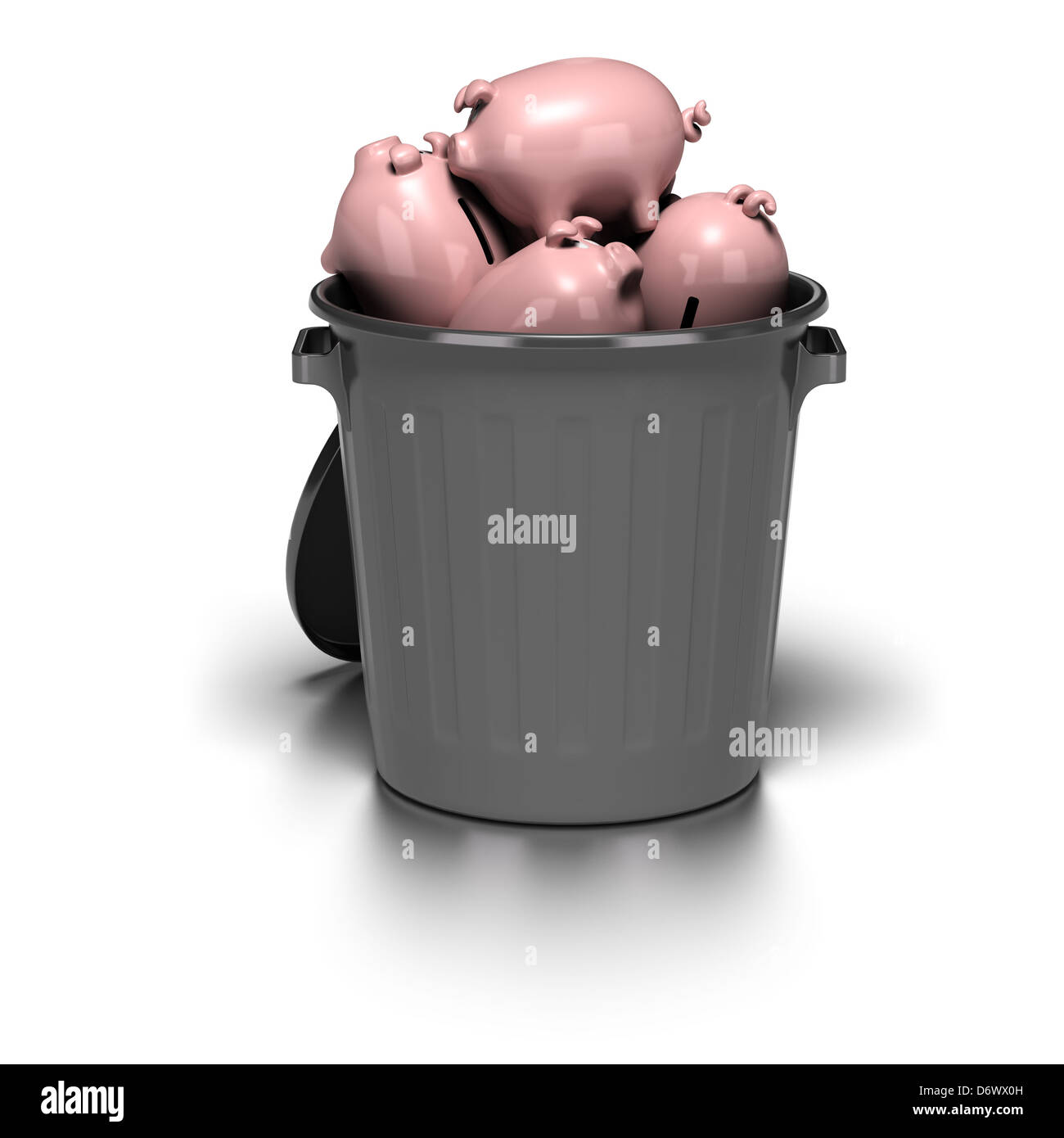 many piggy banks inside a grey garbage can. image is over a white