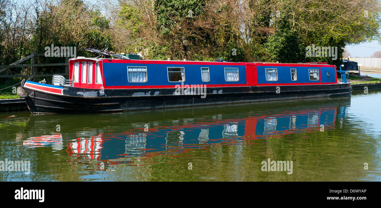 Panorama reflection of a Narrow boat on the Grand Union Canal at Marsworth, Aylesbury, Bucks, UK Stock Photo