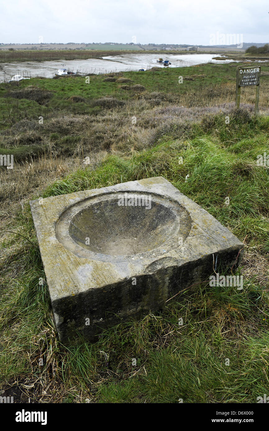 The remains of a concrete bowl that was originally used for washing guncotton. Stock Photo