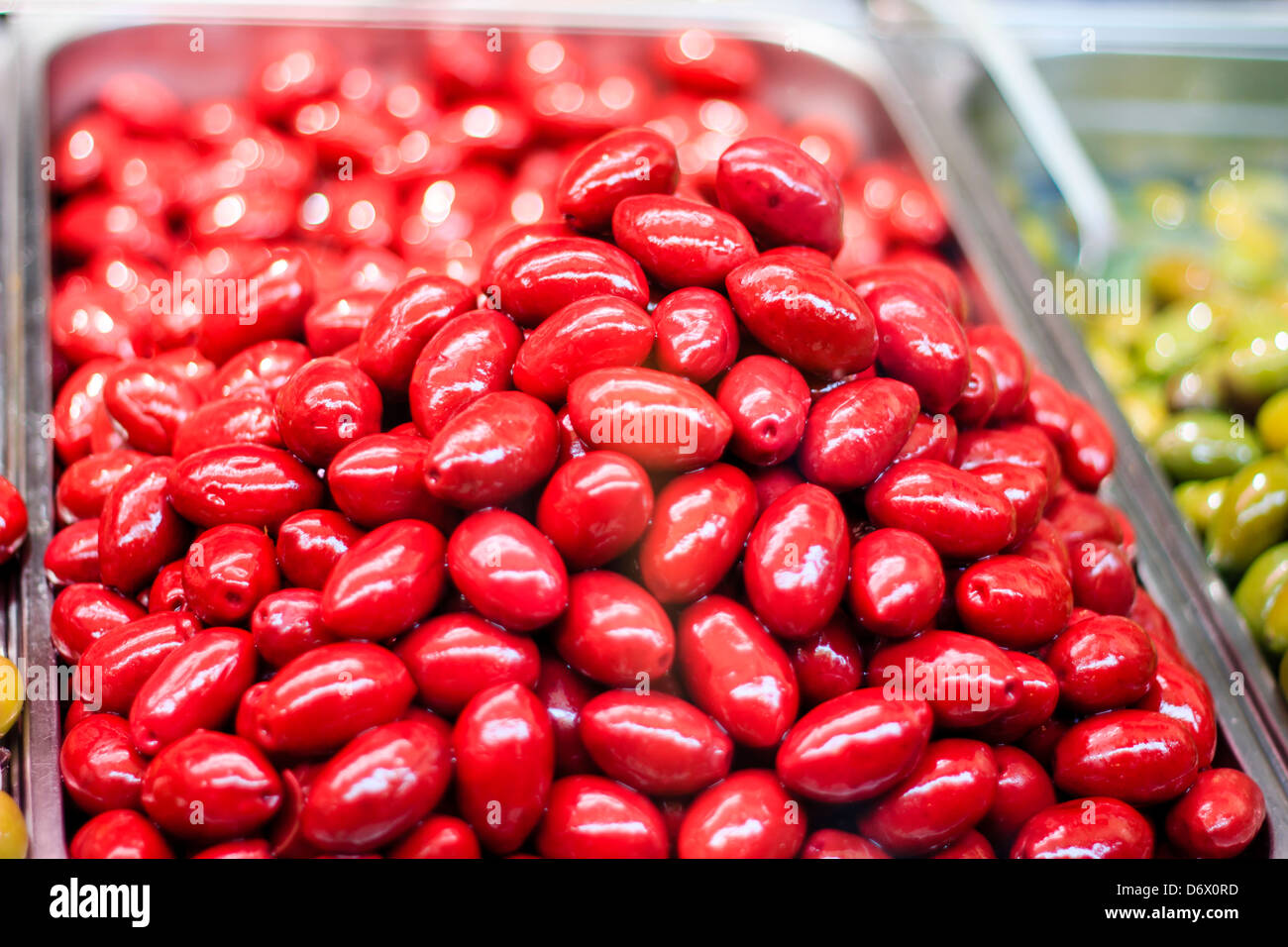 Fresh red olives in the Naschmarkt, Vienna, Austria Stock Photo