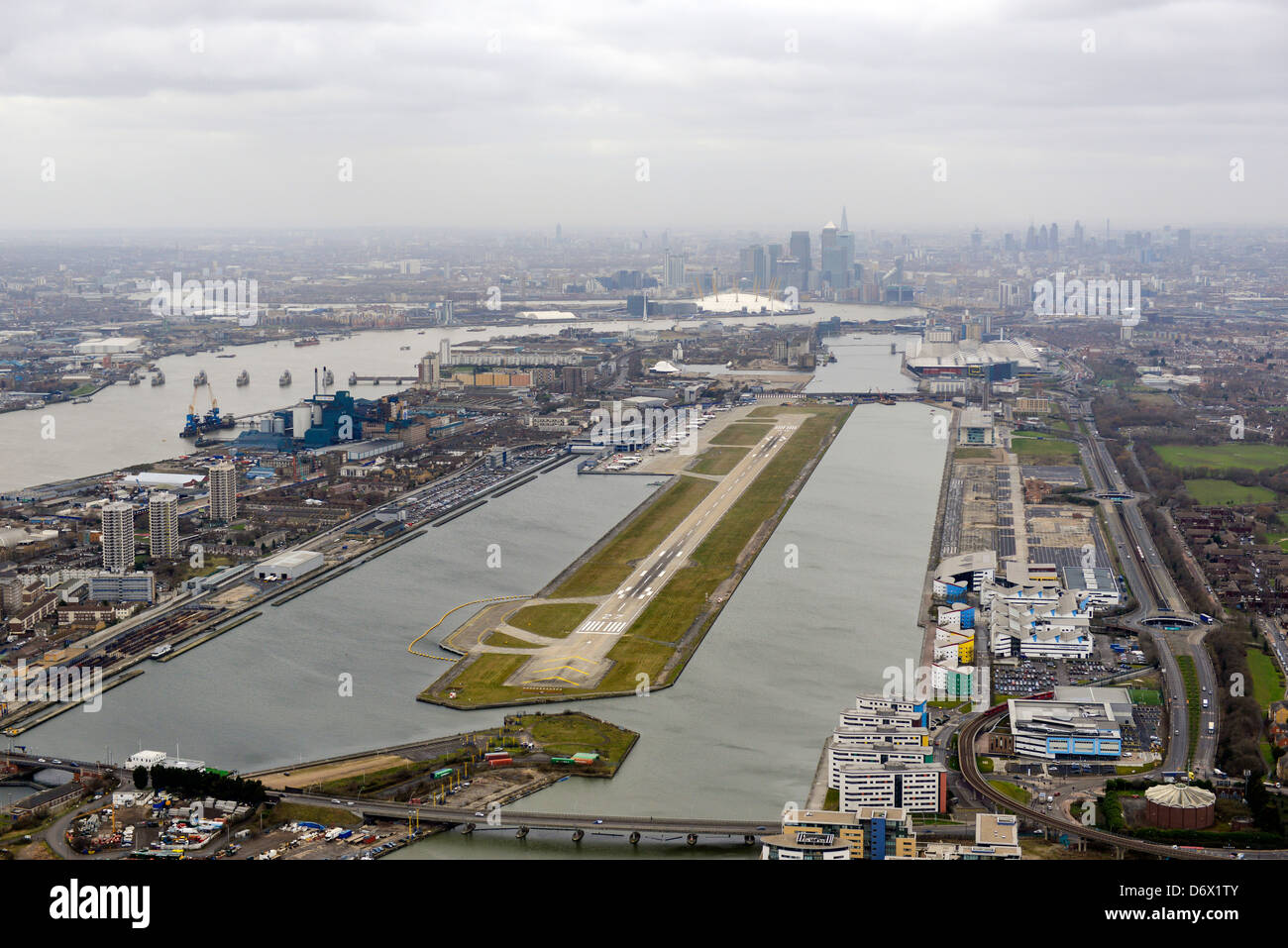 Aerial photograph of London City Airport looking towards Canary Wharf Stock Photo