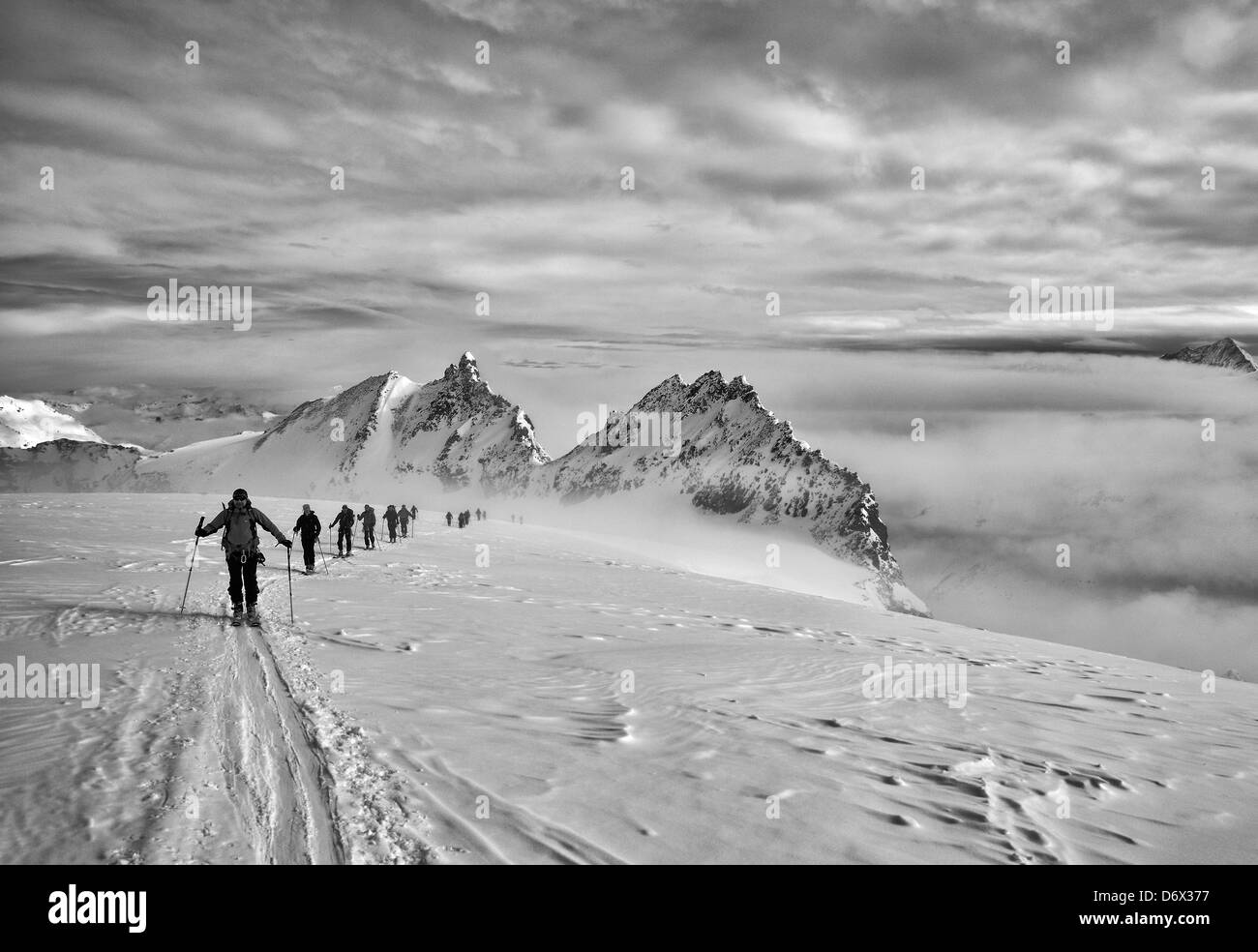 Skiers on the Haute Route in Switzerland Stock Photo