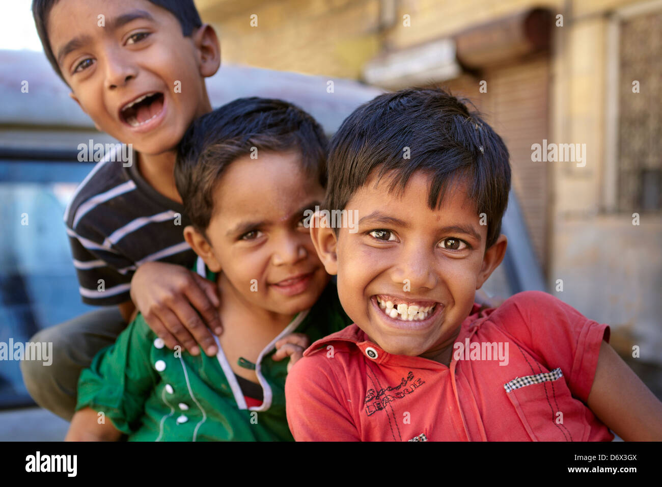 Portrait of playing smiling india boys, Jaisalmer, India Stock Photo