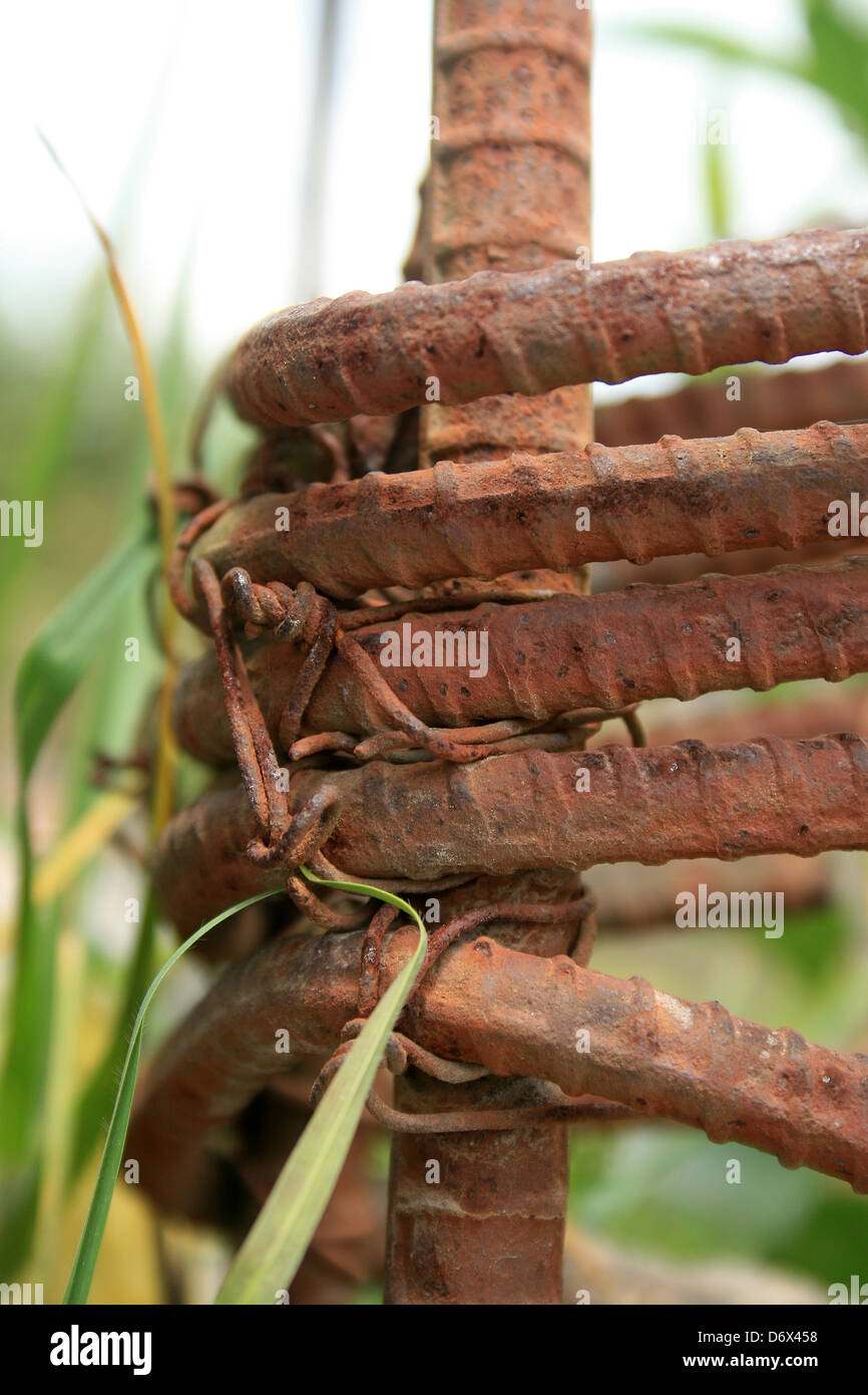 Bent rebar in a concrete post in a construction site in Cotacachi