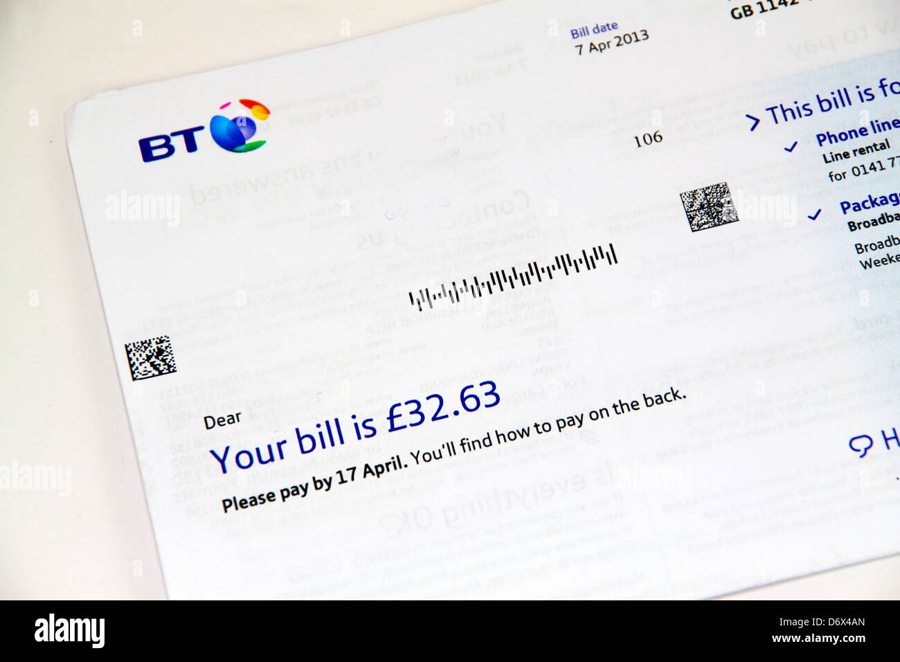 BT landline phone bill UK 2013 Stock Photo